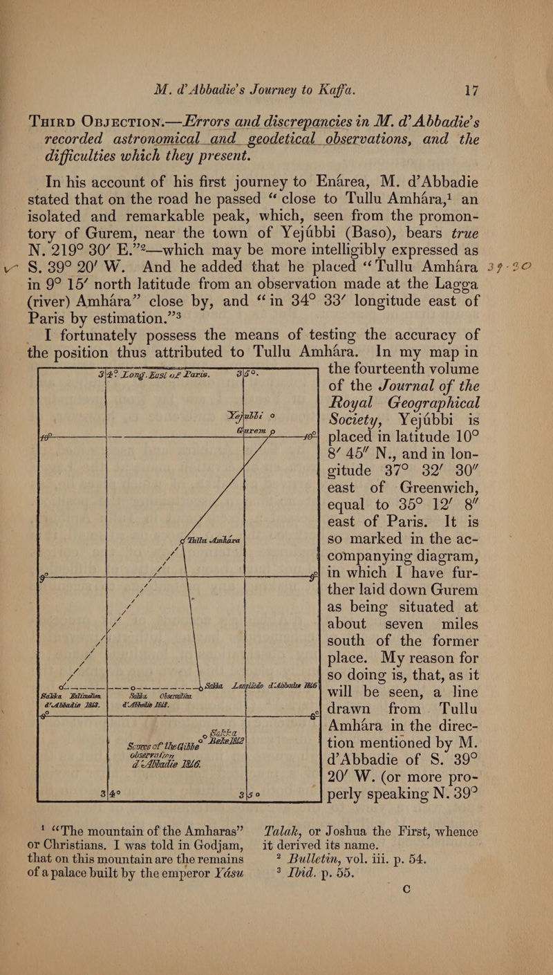 Third Objection.—Errors and discrepancies in M. d'Ahbadids recorded astronomwal jcLnd gsodetical.. observations^ and the difficulties which they present. In his account of his first journey to Enarea, M. d’Abbadie stated that on the road he passed close to Tullu Amh^ra/ an isolated and remarkable peak, which, seen from the promon¬ tory of Gurem, near the town of Yejubbi (Baso), bears true N. 219° 30' E.”2—which may be more intelligibly expressed as S. 39° 20' W. And he added that he placed Tullu Amhhra in 9° 15' north latitude from an observation made at the Lagga (river) Amhara” close by, and in 34° 33' longitude east of Paris by estimation.’’^ I fortunately possess the means of testing the accuracy of the position thus attributed to Tullu Amhara. In my map in the fourteenth volume of the Journal of the Royal Geographical Society j Yejubbi is placed in latitude 10° 8' 45 N., and in lon¬ gitude 37° 32' 30 east of Greenwich, equal to 35° 12' 8 east of Paris. It is so marked in the ac¬ companying diagram, in which I have fur¬ ther laid down Gurem as being situated at about seven miles south of the former place. My reason for so doing is, that, as it wall be seen, a line drawm from Tullu Amhara in the direc¬ tion mentioned by M. d’Abbadie of S. 39° 20' W. (or more pro¬ perly speaking N. 39° * “The mountain of the Amharas” Talah^ or Joshua the First, whence or Christians. I was told in Godjam, it derived its name, that on this mountain are the remains ^ Bulletin^ vol. iii. p. 54. of a palace huilt by the emperor Ydsu ^ Ibid. p. 55. c
