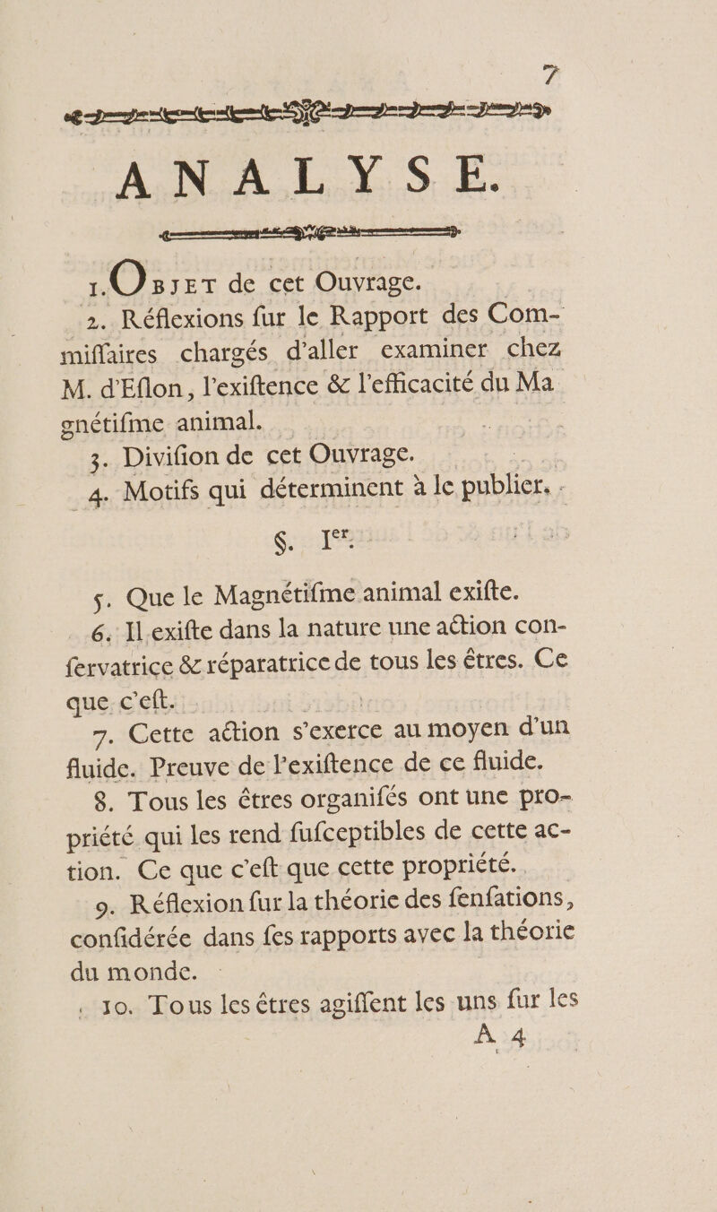 0 Dpt Rd 9 A.N.A.L.Y.S. E. GE» errmementess Re Osser de cet RE see 2. Réflexions fur le Rapport des Com- miffaires chargés d'aller examiner chez M. d'Eflon, l'exiftence &amp; l'efficacité du Ma gnétifme animal. 3. Divifion de cet Ouvrage. sie Motifs qui déterminent à le publier. . : $.. 1° 5. Que le Magnétifme animal exifte. 6. Il.exifte dans la nature une action con- fervatrice &amp; réparatrice de tous les êtres. Ce que c’eft. ro Cette ation s'exerce au moyen d'un fluide. Preuve de l’exiftence de ce fluide. 8. Tous les êtres organifés ont une pro- priété qui les rend fufceptibles de cette ac- tion. Ce que c’eft que cette propriété. 9. Réflexion fur la théorie des fenfations, confidérée dans fes rapports avec Ra théorie du monde. Jo. Tous les êtres agiflent les uns fur les À 4