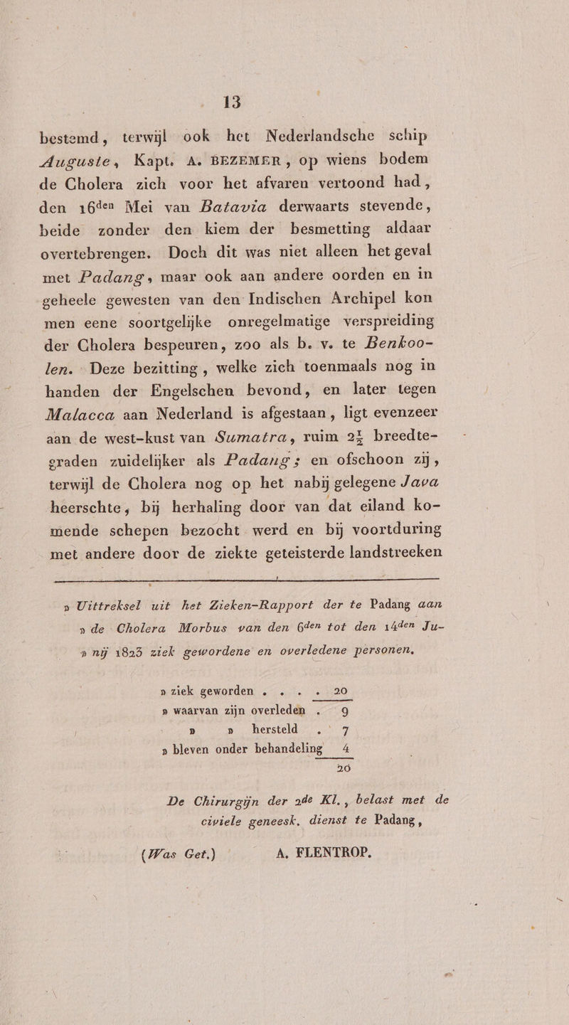 bestemd, terwijl ook het Nederlandsche schip Auguste, Kapt. A. BEZEMER, op wiens bodem de Cholera zich voor het afvaren vertoond had, den z6den Mei van Batavia derwaarts stevende, beide zonder den kiem der besmetting aldaar overtebrenger. Doch dit was niet alleen het geval met Padang, maar ook aan andere oorden en in geheele gewesten van den Indischen Archipel kon men eene soortgelijke onregelmatige verspreiding der Cholera bespeuren, zoo als b. v. te Benkoo- len. Deze bezitting , welke zich toenmaals nog in handen der Engelschen bevond, en later tegen Malacca aan Nederland is afgestaan , ligt evenzeer aan de west-kust van Sumatra, ruim 25 breedte- graden zuidelijker als Padang ; en ofschoon zij, terwijl de Cholera nog op het nabij gelegene Java heerschte, bij herhaling door van dat eiland ko- mende schepen bezocht werd en bij voortduring met andere door de ziekte geteisterde landstreeken 4 A Ad » Uittreksel uit het Zieken-Rapport der te Padang aan »de Cholera Morbus van den Gden tot den z4den Ju- » nù 1825 ziek gewordene en overledene personen, nziek geworden „ . . « 20 » waarvan zijn overleden . g D » hersteld .' 7 » bleven onder behandeling 4 20 De Chirurgijn der 24de Kl,, belast met de civiele geneesk. dienst te Padang, (Was Get.) A. FLENTROP,