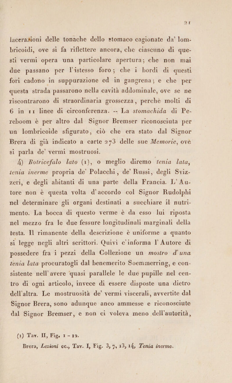 lacerazioni delle tonache dello stomaco cagionate da’ lom- bricoidi, ove si fa riflettere ancora, che ciascuno di que¬ sti vermi opera una particolare apertura; che non mai due passano per l istesso foro; che i bordi di questi fori cadono in suppurazione ed in gangrena; e che per questa strada passarono nella cavità addominale, ove se ne riscontrarono di straordinaria grossezza, perchè molti di 6 in 11 linee di circonferenza. — La stomnehida di Pe- reboom è per altro dal Signor Bremser riconosciuta per un lombricoide sfigurato, ciò che era stato dal Signor Brera di già indicato a carte 2^3 delle sue Memorie, ove si parla de’ vermi mostruosi. 4) Botricefalo lato (ì), o meglio diremo tenia lata, tenia inerme propria de’ Polacchi, de’Russi, degli Sviz¬ zeri, e degli abitanti di una parte della Francia. L Au¬ tore non è questa volta d’accordo col Signor Rudolphi nel determinare gli organi destinati a succhiare il nutri¬ mento. La bocca di questo verme è da esso lui riposta nel mezzo fra le due fessure longitudinali marginali della testa. Il rimanente della descrizione è uniforme a quanto si legge negli altri scrittori. Quivi c'informa l’Autore di possedere fra i pezzi della Collezione un mostro d'una. tenia lata procuratogli dal benemerito Soemmerring, e con¬ sistente nell’avere quasi parallele le due pupille nel cen¬ tro di ogni articolo, invece di essere disposte una dietro dell'altra. Le mostruosità de’ vermi viscerali, avvertite dal Signor Brera, sono adunque anco ammesse e riconosciute dal Signor Bremser, e non ci voleva meno dell’autorità, (i) Tay. II, Fig. i - 11.