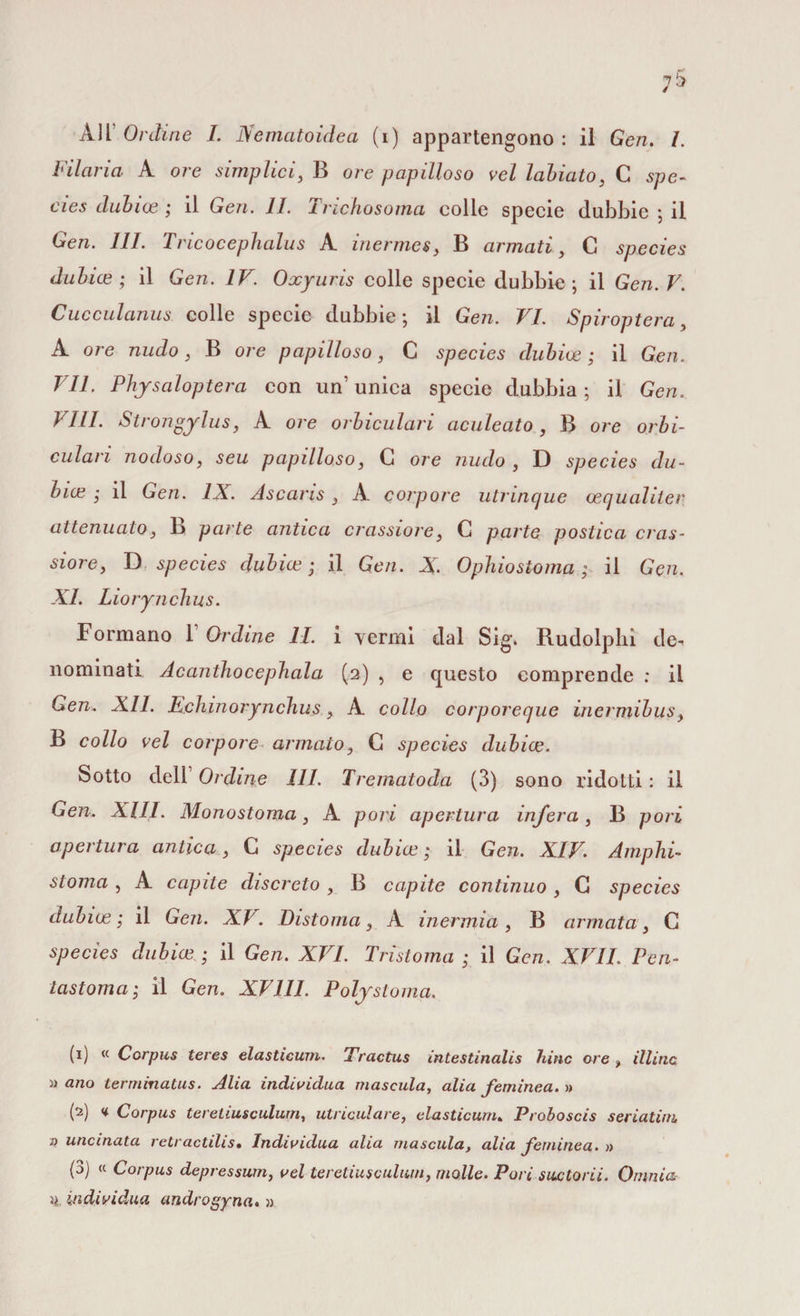 Filaria A ore simplici, B ore papilloso vel labiato, C spe- cies dubioe ; il Gen. IL Tnchosoma colle specie dubbie ; il Gen. III. Tricocephalus A inermes, B armati, C species dubice ; il Gen. IV. Oxyuris colle specie dubbie; il Gen. V. Cucculanus colle specie dubbie; il Gen. VI. Spiroptera, A ore nudo, B ore papilloso, C species dubioe; il Gen. VII. Physaloptera con un’unica specie dubbia; il Gen. Vili. Strongylus, A ore orbiculari aculeato, B ore orbi- culari nodoso, seu papilloso, C ore nudo , D species du~ bice ; il Gen. IX. Ascaris, A corpore utrincjue oequaliter attenuato, B parte antica crassiore, C parte postica cras- siore, D species clubice ; il Gen. X. 0ph io sto ma ; il Gen. XI. Liorynchus. Formano 1 Ordine li. i vermi dal Sig. Rudolphi de^ nominati Acanthocephala (2) , e questo comprende : il Gen. XII. Fchinorynchus > A collo cor poreque mermibus, B collo vel corpore armato, C species dubice. Sotto dell Ordine 111. Trematodu (3) sono ridotti : il Gen. XIII. Monostoma, A pori apertura infera, B pori apertura antica, C species dubice ; il Gen. XIV. Amphi- stoma , A capite discreto , B capite continuo , C species dubice ; il Gen. XV. Bistoma, A inermia , B armata, G species dubioe ; il Gen. XVI. Tristoma ; il Gen. XVII. Ben- tastoma; il Gen. XV1I1. Polystoma. (1) « Corpus teres elasticum. Tractus intestinalis hinc ore , illinc » ano terminatus. Alia individua mascula, alia feminea. » (2) h Corpus tereliusculum, utriculare, elasticum. Proboscis seriatim n uncinata retractilis. Individua alia mascula, alia feminea. » (3) « Corpus depressum, vel teretiusculum, molle. Pori suctorii. Omnia il individua androgyna. »