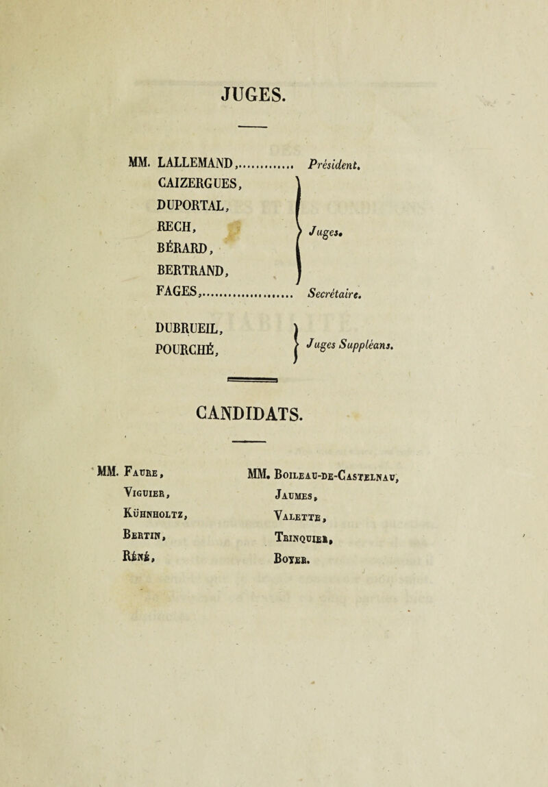 JUGES MM. LALLEMAND,. CAIZERGUES, DUPORTAL, RECH, BÉRARD, BERTRAND, FAGES,. Président. J âges. Secrétaire. DUBRUEIL, ) POURCHË, ( Ju8es Supputons. CANDIDATS. MM. F AUBE, VlGUIER, Kühnholtz, Bertin, Rénê, MM. Boileau-de-Castelnav, Jaumes, Valette, Tbinquieb, Boteb.