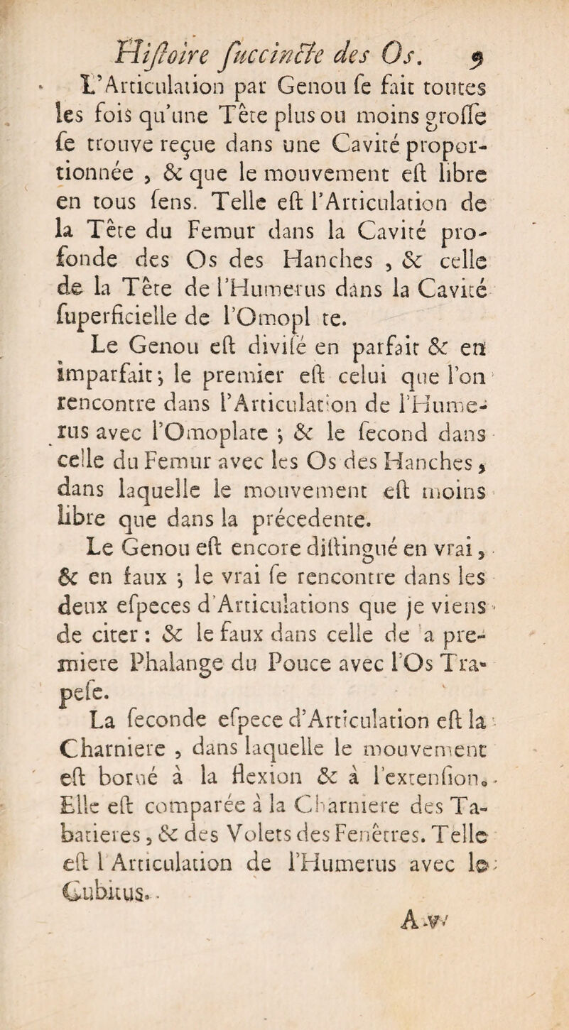 L’Articulation par Genou fe fait toutes les fois qu’une Tête plus ou moins grofïe fe trouve reçue dans une Cavité propor¬ tionnée , Ôc que le mouvement eft libre en tous fens. Telle eft l’Articulation de la Tête du Fémur dans la Cavité pro¬ fonde des Os des Hanches , & celle de la Tête de l’Humérus dans la Cavité fuperficielle de l’Omopl te. Le Genou eft divilé en parfait tk en imparfait*, le premier eft celui que l’on rencontre dans l’Articulation de l'Hume- rus avec l’Omoplate \ & le fécond dans celle du Fémur avec les Os des Hanches * dans laquelle ie mouvement eft moins libre que dans la précédente. Le Genou eft encore diftingué en vrai, de en faux *, le vrai fe rencontre dans les deux efpeces d’Articulations que je viens * de citer : de le faux dans celle de a pre¬ mière Phalange du Pouce avec 1 Os Tra» pefe. ' La fécondé efpece cî’Arttculation eft la Charnière , dans laquelle le mouvement eft borné à la flexion de à l’extenhon0 • Elle eft comparée à la Charnière des Ta¬ batières , de des Volets des Fenêtres. Telle eft 1 Articulation de rHumerus avec le • Cubitus. • A-w