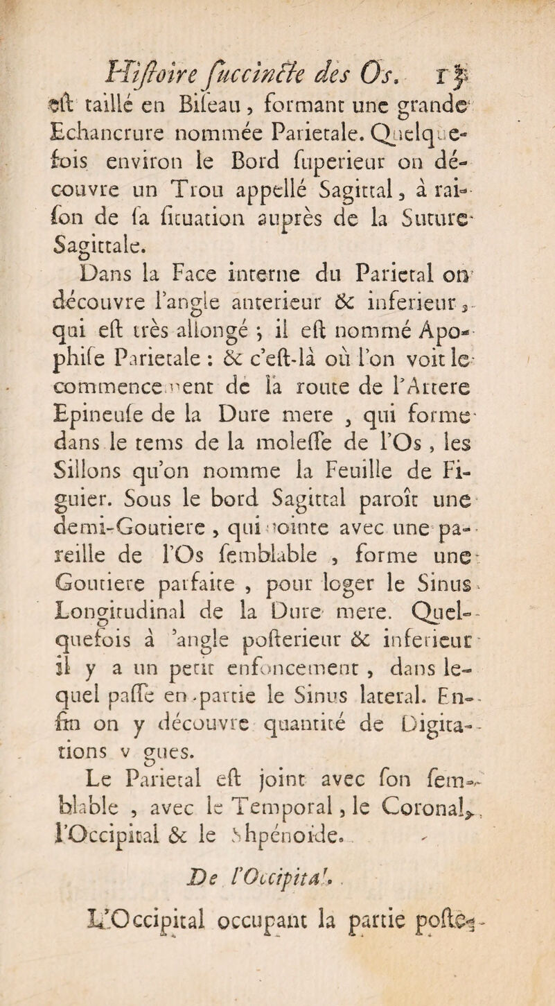 eft taillé en Biieau, formant une grande Echancrure nommée Pariétale. Quelque¬ fois environ le Bord fuperieur on dé¬ couvre un Trou appellé Sagittal 3 à rai- fon de (a fituation auprès de la Suture- Sagittale. Dans la Face interne du Pariétal on découvre l’angle anterieur 6c inférieurs qui eft très allongé } il eft nommé Apo- phife Pariétale : 6c c’eft-là où l’on voit le commence.^ent de la route de F Artere Epineufe de la Dure mere , qui forme dans le tems de la molelTe de l’Os , les Sillons qu’on nomme la Feuille de Fi¬ guier. Sous le bord Sagittal paroît une demi-Goutiere 3 qui ’ointe avec une pa¬ reille de l’Os femblabie , forme une- Goutiere parfaite , pour loger le Sinus » Longitudinal de la Dure mere. Quel¬ quefois à angle pofterieur 6c inferieur il y a un petit enfoncement , dans le¬ quel palFe en.partie le Sinus latéral. En¬ fin on y découvre quantité de Digita-- tions v gués. Le Pariétal eft joint avec fon fem— blable , avec le Temporal, le Coronal* l’Occipital 6c le shpénoide» De l'Occipital*. L’Occipital occupant la partie poftci-