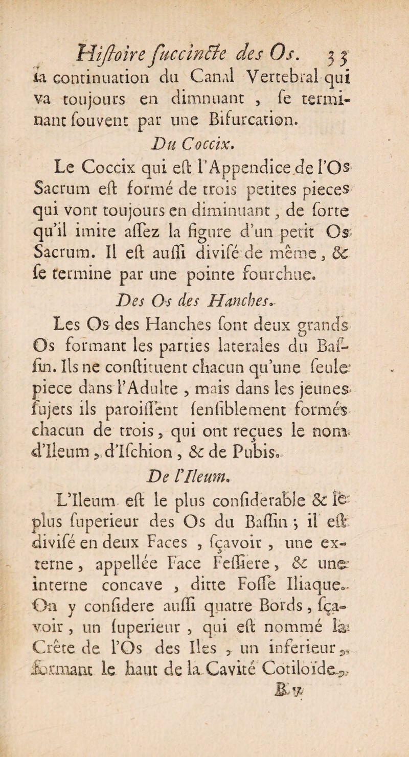 liiftoire fticctnffe des Os. 3 3 L1 continuation du Canal Vertébral qui va toujours en dimnuant , fe termi¬ nant fouvent par une Bifurcation. Du Coccix. Le Coccix qui eft l'Appendice de l’CK Sacrum eft formé de trois petites pièces qui vont toujours en diminuant ? de forte qu’il imite allez la figure d’un petit Os- Sacrum. Il eft aufii divifé de même 3 8c fe termine par une pointe fourchue. Des Os des Hanches.. Les Os des Hanches font deux grands O Os formant les parties latérales du Baf- fin. Ils ne condiment chacun qu’une feule’ piece dans l’Adulte , mais dans les jeunes* ïujets ils paroifient fenfiblement formés chacun de trois, qui ont reçues le nom d’Ileum ? d’Ifchion , 8c de Pubis-,. De rileum. L’Ileum eft le plus conliderabie 8c î&: plus fuperieur des Os du Baftin *, il eft divifé en deux Faces , fçavoir , une ex¬ terne , appellée Face Feffiere, 8c un©: interne concave > ditte Folle Iliaque.- On y confidere aufii quatre Bords, fça¬ voir , un luperieur , qui eft nommé là* Crête de l’Os des Iles * un inferieur Formant le haut de la Cavité Cotiloïde^,
