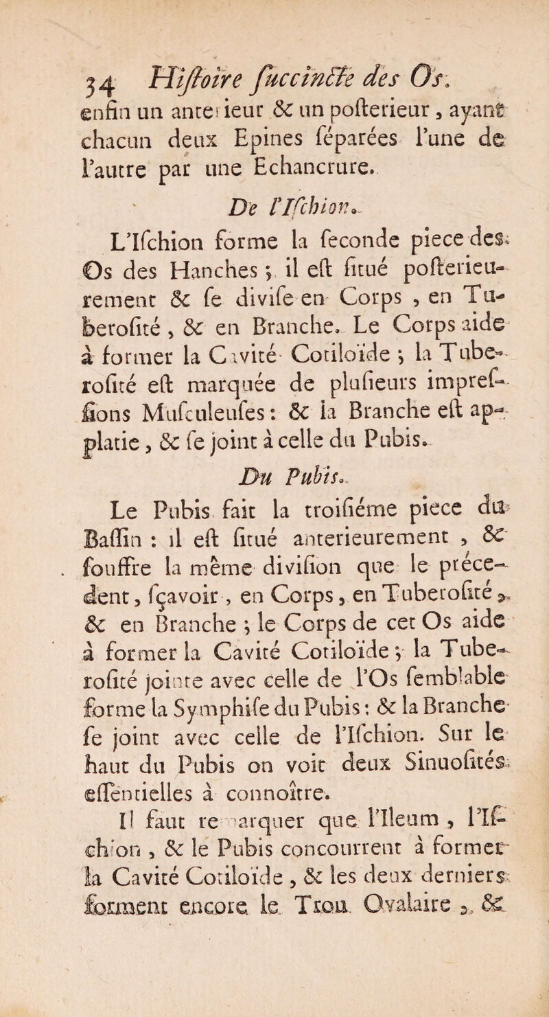 enfin un antes leur ôc un pofterieur, ayant chacun fieux Epines féparées i’une fie l’autre par une Echancrure. De l’Ifchion. / L’Ifchion forme la fécondé piece fies. Os des Hanches ; il eft fitué pofterieu- remenr Ôc fe fiivife en Corps , en Tu- berofité , ôc en Branche. Le Corps aide a former la Cxvité Cotiloïfie *, la Tube« rofité eft marquée fie plufieurs impref* lions Mufculeufes : ôc la Branche eft ap- platie, ôc fe joint à celle du Pubis. Du Pubis... Le Pubis fait la troifiéme piece fin Badin : il eft fitué antérieurement , ôc foudre la même fiivifion que le prece¬ dent , Içavoir, en Corps, en Tuberofite ôc en Branche *, le Corps fie cet Os aide à former la Cavité Cotiloïfie y la Tube- rofité jointe avec celle fie l’Os femHable forme la Symphife du Pubis : ôc la Branche fe joint avec celle fie l’Ifchion. Sur le haut fin Pubis on voit fieux Sinuofites. efiencielles à connoître. Il faut re arquer que l’Ileum , l’If— ch:on , ôc le Pubis concourrait à former la Cavité Cotiloïfie , ôc les fieux derniers forment encore, le Trou. Ovalaire 5>ôc..
