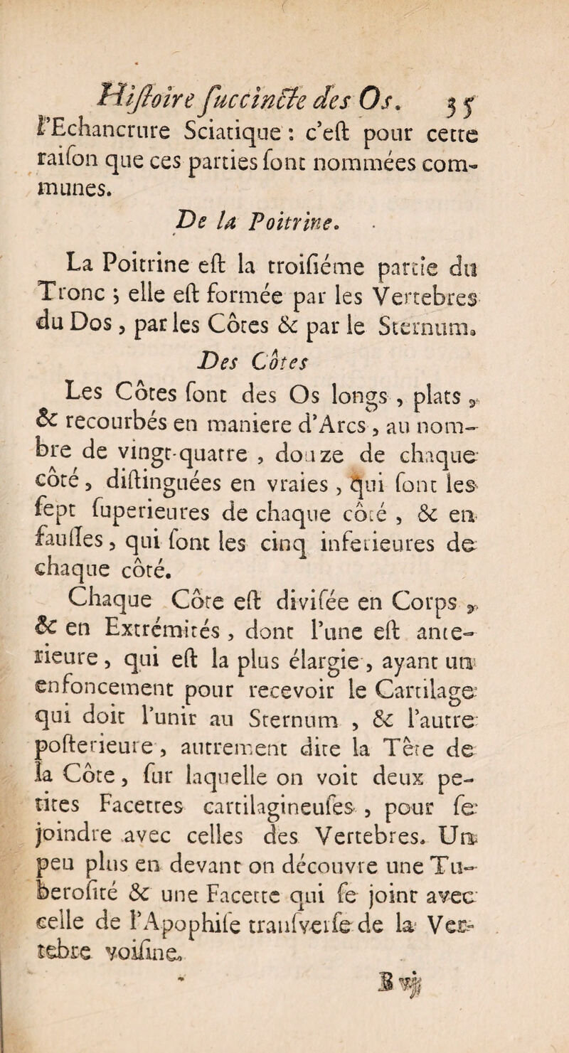 ! Echancrure Sciatique : c’eft pour cette rai(on que ces parties font nommées com¬ munes. De la Poitrine. La Poitrine eh: la troisième partie du Tronc \ elle eh: formée par les Vertebres du Dos, par les Côtes &c par le Sternum» Des Cotes Les Côtes font des Os longs , plats r 6c recourbes en maniéré d’Arcs, au nom¬ bre de vingt-quatre , douze de chaque cote 5 diftinguées en vraies , qui font le& fept fuperieures de chaque côté , Sc en faillies 3 qui font les cinq inferieures de chaque côté. Chaque Côte eh: divifée en Corps T 6c en Extrémités , dont l’une eft ante- Heure, qui eft la plus élargie , ayant un enfoncement pour recevoir le Cartilage qui doit l’unir au Sternum , 6c l’autre pofterieuie , autrement dite la Tête de la Côte, fur laquelle on voit deux pe¬ tites Facettes cartilagineufes , pour fer joindre avec celles des Vertebres. Un. peu plus en devant on découvre une Tu- berofité 6c une Facette qui fe joint avec celle de l’Apophile tratilv-eife de la* Ver- tebxe voifme»