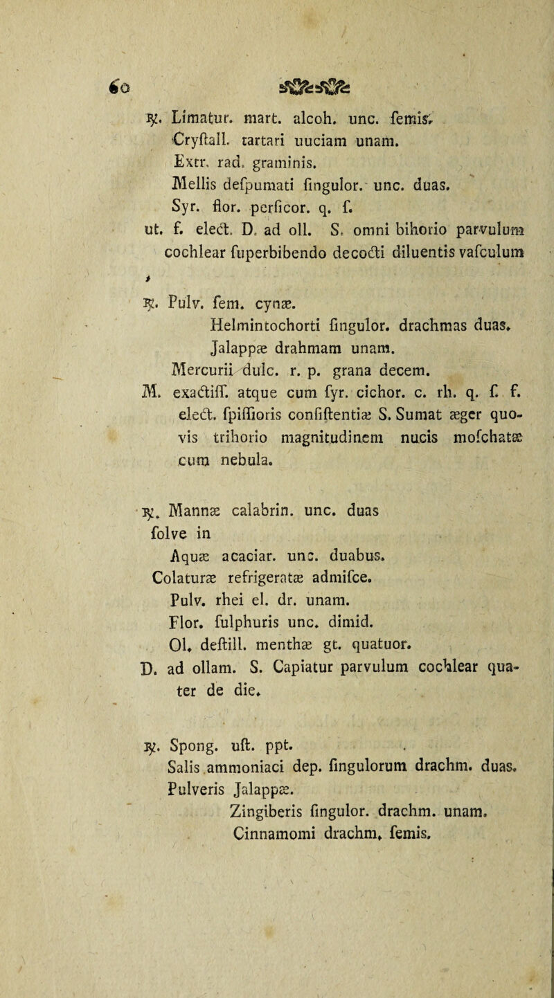 Limatur, mart. alcoh. unc. femis. Cryftall. tartari uuciam unam. Extr. rad, graminis. Mellis defpumati fingulor.' unc. duas. Syr. flor, perficor. q. f. ut. f. elect. D, ad oli. S. omni bihorio parvulum cochlear fuperbibendo decodi diluentis vafculuni i K. Pulv. fem. cynae. Helmintochorti fingulor. drachmas duas. Jalappae drahmam unam. Mercurii dulc. r. p. grana decem. M. exadilf. atque cum fyr. cichor. c. rh. q. f. f. eled. fpilfioris confidentia? S. Sumat aeger quo¬ vis trihorio magnitudinem nucis mofchats? cum nebula. K. Mannae calabrin. unc. duas folve in Aquae acaciar. unc. duabus. Colaturae refrigeratae admifce. Pulv. rhei el. dr. unam. Flor, fulphuris unc. dimid. 01. deftill. menthae gt. quatuor. D. ad ollam. S. Capiatur parvulum cochlear qua¬ ter de die. ?-w i ' r ’ /> .v • ■■ * ■ ly. Spong. uft. ppt. Salis ammoniaci dep. finguloruni drachm. duas. Pulveris Jalappae. Zingiberis fingulor. drachm. unam. Cinnamomi drachm. femis.