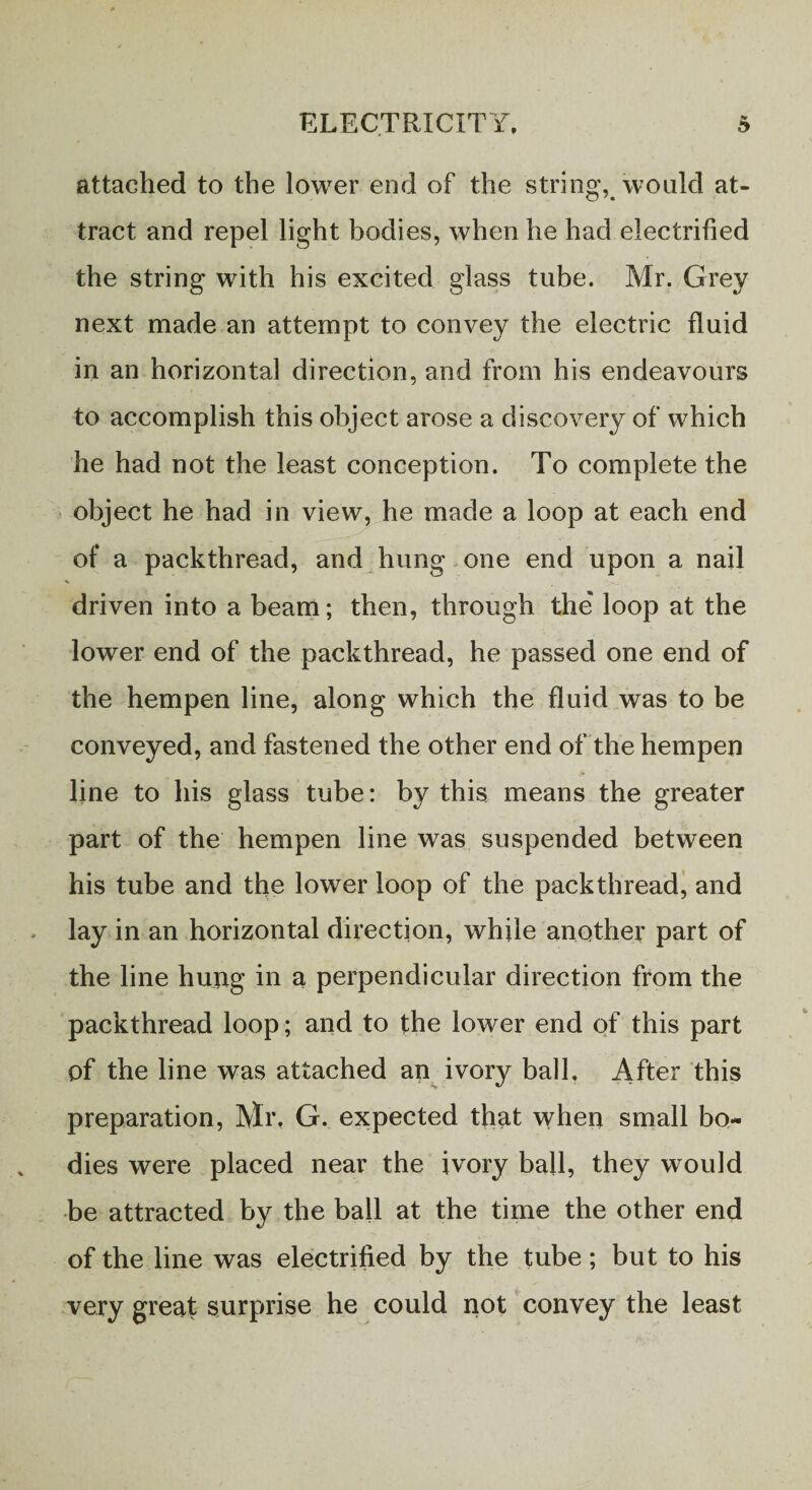 attached to the lower end of the string, would at¬ tract and repel light bodies, when he had electrified the string with his excited glass tube. Mr. Grey next made an attempt to convey the electric fluid in an horizontal direction, and from his endeavours to accomplish this object arose a discovery of which he had not the least conception. To complete the object he had in view, he made a loop at each end of a packthread, and hung one end upon a nail driven into a beam; then, through the* loop at the lower end of the packthread, he passed one end of the hempen line, along which the fluid was to be conveyed, and fastened the other end of the hempen line to his glass tube: by this means the greater part of the hempen line was suspended between his tube and the lower loop of the packthread, and lay in an horizontal direction, while another part of the line hung in a perpendicular direction from the packthread loop; and to the lower end of this part of the line was attached an ivory ball. After this preparation, Mr, G. expected that when small bo¬ dies were placed near the ivory ball, they would be attracted by the ball at the time the other end of the line was electrified by the tube; but to his very great surprise he could not convey the least