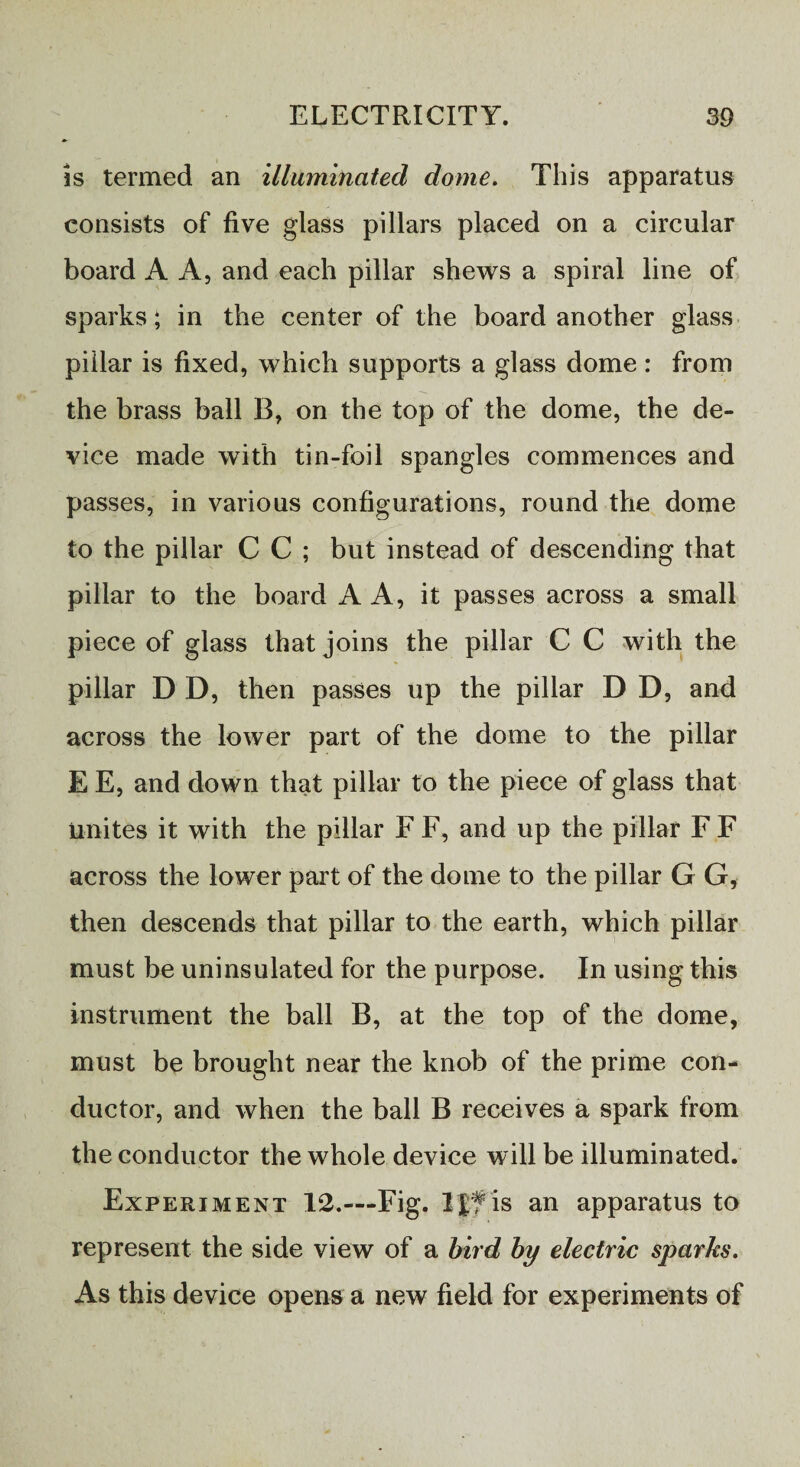 is termed an illuminated dome. This apparatus consists of five glass pillars placed on a circular board A A, and each pillar shews a spiral line of sparks; in the center of the board another glass pillar is fixed, which supports a glass dome : from the brass ball B, on the top of the dome, the de¬ vice made with tin-foil spangles commences and passes, in various configurations, round the dome to the pillar C C ; but instead of descending that pillar to the board A A, it passes across a small piece of glass that joins the pillar C C with the pillar D D, then passes up the pillar D D, and across the lower part of the dome to the pillar E E, and down that pillar to the piece of glass that unites it with the pillar F F, and up the pillar F F across the lower part of the dome to the pillar G G, then descends that pillar to the earth, which pillar must be uninsulated for the purpose. In using this instrument the ball B, at the top of the dome, must be brought near the knob of the prime con¬ ductor, and when the ball B receives a spark from the conductor the whole device will be illuminated. Experiment 12.—Fig. Iff is an apparatus to represent the side view of a bird by electric sparks. As this device opens a new field for experiments of