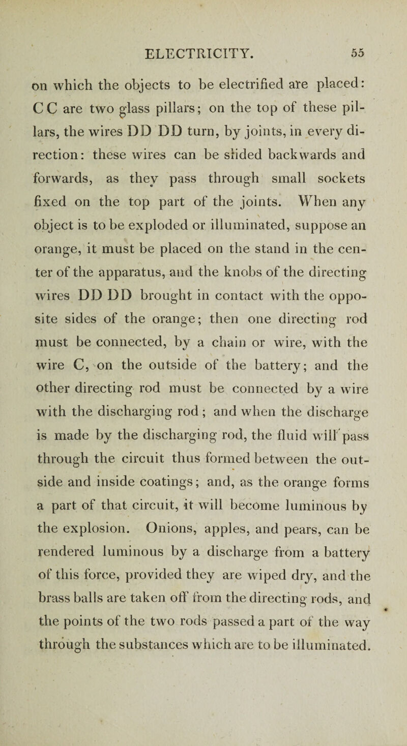 on which the objects to be electrified are placed: CC are two glass pillars; on the top of these pil¬ lars, the wires DD DD turn, by joints, in every di¬ rection: these wires can be siided backwards and forwards, as they pass through small sockets fixed on the top part of the joints. When any object is to be exploded or illuminated, suppose an orange, it must be placed on the stand in the cen¬ ter of the apparatus, and the knobs of the directing wires DD DD brought in contact with the oppo¬ site sides of the orange; then one directing rod must be connected, by a chain or wire, with the wire C, on the outside of the battery; and the other directing rod must be connected by a wire with the discharging rod ; and when the discharge is made by the discharging rod, the fluid will pass through the circuit thus formed between the out¬ side and inside coatings; and, as the orange forms a part of that circuit, it will become luminous by the explosion. Onions, apples, and pears, can be rendered luminous by a discharge from a battery of this force, provided they are wiped dry, and the brass balls are taken off from the directing rods, and the points of the two rods passed a part of the way through the substances which are to be illuminated.