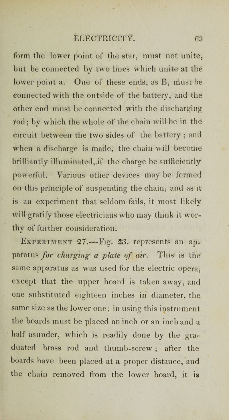 form the lower point of the star, must not unite, but be connected by two lines which unite at the lower point a. One of these ends, as B, must be connected with the outside of the battery, and the other end must be connected with the discharging rod; by which the whole of the chain will be in the circuit between the two sides of the battery ; and when a discharge is made, the chain will become brilliantly illuminated,.if the charge be sufficiently powerful. Various other devices may be formed on this principle of suspending the chain, and as it is an experiment that seldom fails, it most likely will gratify those electricians who may think it wor¬ thy of further consideration. Experiment 27.—Fig. 23. represents an ap¬ paratus for charging a plate of air. Tins is the same apparatus as was used for the electric opera, except that the upper board is taken away, and one substituted eighteen inches in diameter, the same size as the lower one; in using this instrument the boards must be placed an inch or an inch and a half asunder, which is readily done by the gra¬ duated brass rod and thumb-screw ; after the boards have been placed at a proper distance, and the chain removed from the lower board, it is