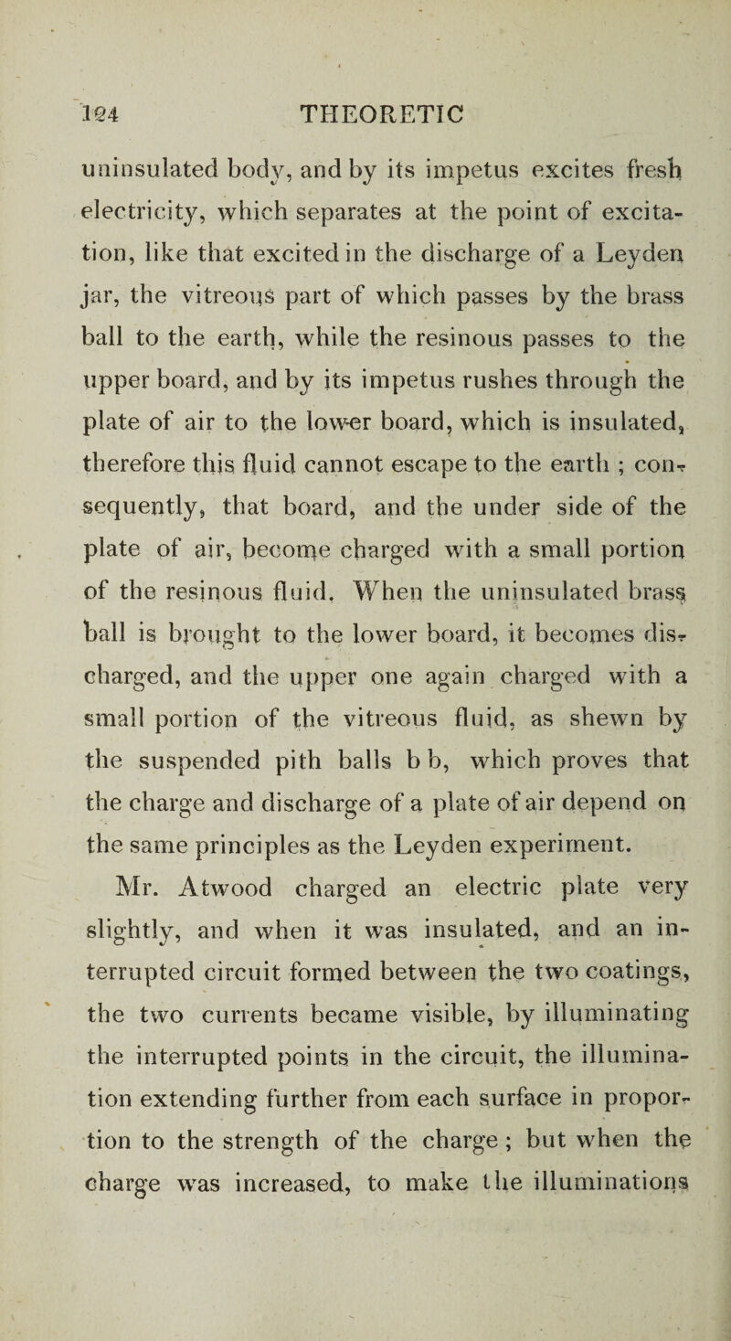 uninsulated body, and by its impetus excites fresh electricity, which separates at the point of excita¬ tion, like that excited in the discharge of a Leyden jar, the vitreous part of which passes by the brass ball to the earth, while the resinous passes to the upper board, and by its impetus rushes through the plate of air to the lower board, which is insulated, therefore this fluid cannot escape to the earth ; com sequently, that board, and the under side of the plate of air, become charged with a small portion of the resinous fluid. When the uninsulated brasst ball is brought to the lower board, it becomes disr charged, and the upper one again charged with a small portion of the vitreous fluid, as shewn by the suspended pith balls b b, which proves that the charge and discharge of a plate of air depend on the same principles as the Leyden experiment. Mr. Atwood charged an electric plate very slightly, and when it was insulated, and an in¬ terrupted circuit formed between the two coatings, the two currents became visible, by illuminating the interrupted points in the circuit, the illumina¬ tion extending further from each surface in propor¬ tion to the strength of the charge ; but when the charge was increased, to make the illuminations