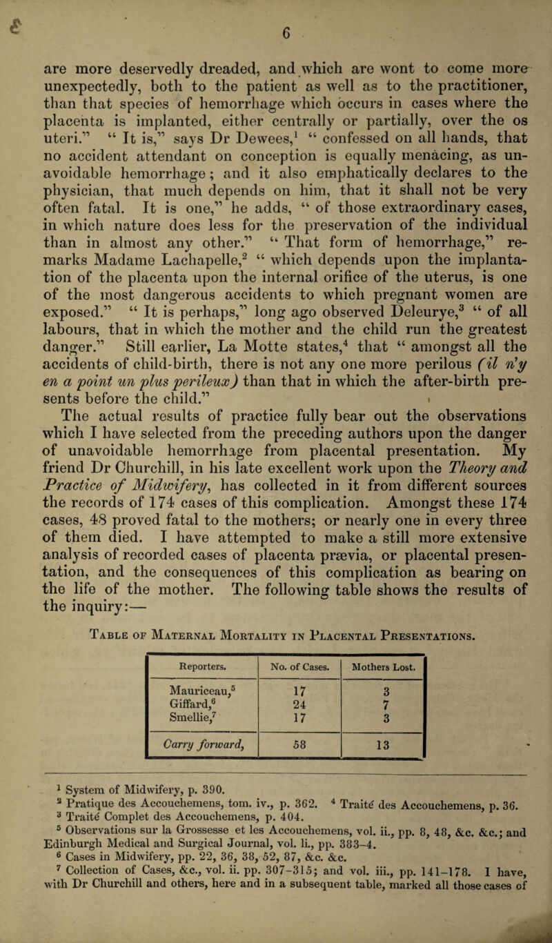 £ 6 are more deservedly dreaded, and which are wont to come more unexpectedly, both to the patient as well as to the practitioner, than that species of hemorrhage which occurs in cases where the placenta is implanted, either centrally or partially, over the os uteri.’’1 “ It is,11 says Dr Dewees,1 “ confessed on all hands, that no accident attendant on conception is equally menacing, as un¬ avoidable hemorrhage; and it also emphatically declares to the physician, that much depends on him, that it shall not be very often fatal. It is one,11 he adds, “ of those extraordinary cases, in which nature does less for the preservation of the individual than in almost any other.11 “ That form of hemorrhage,11 re¬ marks Madame Lachapelle,2 “ which depends upon the implanta¬ tion of the placenta upon the internal orifice of the uterus, is one of the most dangerous accidents to which pregnant women are exposed.11 “ It is perhaps,11 long ago observed Deleurye,3 “ of all labours, that in which the mother and the child run the greatest danger.11 Still earlier, La Motte states,4 that “ amongst all the accidents of child-birth, there is not any one more perilous (il riy en a point un plus perileux) than that in which the after-birth pre¬ sents before the child.” • The actual results of practice fully bear out the observations which I have selected from the preceding authors upon the danger of unavoidable hemorrhage from placental presentation. My friend Dr Churchill, in his late excellent work upon the Theory and Practice of Midwifery, has collected in it from different sources the records of 174 cases of this complication. Amongst these 174 cases, 48 proved fatal to the mothers; or nearly one in every three of them died. I have attempted to make a still more extensive analysis of recorded cases of placenta prsevia, or placental presen¬ tation, and the consequences of this complication as bearing on the life of the mother. The following table shows the results of the inquiry:— Table of Maternal Mortality in Placental Presentations. Reporters. No. of Cases. Mothers Lost. Mauriceau,5 17 3 Giffard,6 24 7 Smellie,7 17 3 Carry forward. 58 13 1 System of Midwifery, p. 390. 3 Pratique des Accouchemens, tom. iv., p. 362. 4 Traite des Accouchemens, p. 36. 3 Traite Complet des Accouchemens, p. 404. 5 Observations sur la Grossesse et les Accouchemens, vol. ii., pp. 8, 48, &c. &c.; and Edinburgh Medical and Surgical Journal, vol. li., pp. 383-4. 6 Cases in Midwifery, pp. 22, 36, 38, 52, 87, &c. &c. 7 Collection of Cases, &c., vol. ii. pp. 307-315; and vol. iii., pp. 141-178. 1 have, with Dr Churchill and others, here and in a subsequent table, marked all those cases of