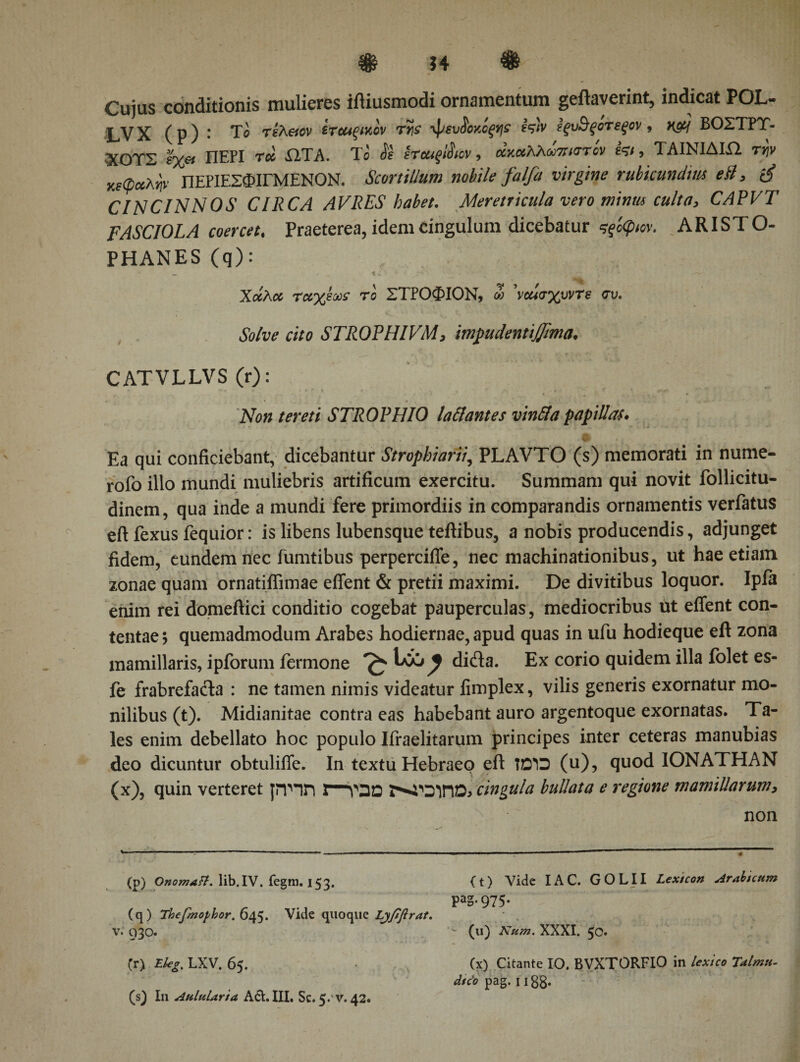 Cujus conditionis mulieres iftiusmodi ornamentum geilaverint, indicat POL- LYX (p) ; re?.c-icv ίτΜξίκον τ«ί ·φ«ιιίοκοξΐΐί ες)v ιςυΒξοτεξον , ncff ΒΟΣΤΡΥ¬ ΧΟΥΣ εΎοί ΠΕΡΙ Toc ΏΤΑ. 1 ο όε εταιξι^ιον , ούχοίλλωπιττον εζί &gt; ΤΑΙΡνΙΔΙΧΙ την κεφαλήν ΠΕΡΙΕΣΦΙΓΜΕΝΟΝ. Scortillum nobile falfa virgine rubicundius ell, S CINCINNOS CIRCA AVRES habet. Meretricula vero minus culta, CAPVT FASCIOLA coercet. Praeterea, idem cingulum dicebatur ςξίφιον. ARISTO¬ PHANES (q): Χάλα ταχέως το ΣΤΡΟΦΙΟΝ, ώ ’ναίσχυντε συ. Solve cito STROPHIVM, impudentijjima* CATVLLVS (r): Non tereti STROPHIO lattantes vintta papillas* Vr Ea qui conficiebant, dicebantur Strophiarii, PLAVTO (s) memorati in nume- rofo illo mundi muliebris artificum exercitu. Summam qui novit follicitu- dinem, qua inde a mundi fere primordiis in comparandis ornamentis verfatus eft fexus fequior: is libens lubensque teftibus, a nobis producendis, adjunget fidem, eundem nec fumtibus perpercifle, nec machinationibus, ut hae etiam zonae quam ornatiflimae effient &amp; pretii maximi. De divitibus loquor. Ipia enim rei domeftici conditio cogebat pauperculas, mediocribus ut effient con¬ tentae j quemadmodum Arabes hodiernae, apud quas in ufu hodieque eft zona mamillaris, ipforum fermone di&amp;a. Ex corio quidem illa folet es- fe frabrefacta : ne tamen nimis videatur fimplex, vilis generis exornatur mo¬ nilibus (t). Midianitae contra eas habebant auro argentoque exornatas. Ta¬ les enim debellato hoc populo Ifraelitarum principes inter ceteras manubias deo dicuntur obtuliffe. In textu Hebraeo eft \ΏΌ (u), quod IONATHAN (x), quin verteret jmn 1—ΡΟΟ cingula bullata e regione mamillarum, non V. 930. (r) rteg, LXV. 65. (s) In Aulularia Ad. III. Sc. 5. v. 42. (p) OnomAfl. lib.IV. fegm. 153. (q) Thefmophor. 645. Vide quoque Lyfiflrat. (t) Vide IAC. GOLII Lexicon Arabicum Pa»· 975* ~ (u) Num. XXXI. 50. (x) Citante IO. BVXTORFIO in lex ico Talmu- dteo pag. 1188·