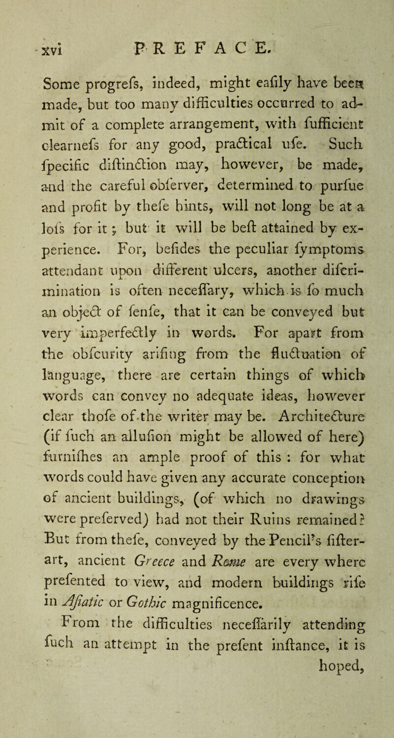 Some progrefs, indeed, might eafily have beer^ made, but too many difficulties occurred to ad- mit of a complete arrangement, with fufficient ciearnefs for any good, pradtical ufe. Such fpecific diftindtion may, however, be made, and the careful obferver, determined to purfue and profit by thefe hints, will not long be at a lots for it; but it will be belt attained by ex¬ perience. For, befides the peculiar fymptoms attendant upon different ulcers, another diferi- mination is often neceffary, which.is fo much an objedt of fenfe, that it can be conveyed but very imperfectly in words. For apart from the obfcurity arifing from the Audi nation of language, there are certain things of which words can convey no adequate ideas, however clear thofe of-the writer may be. Architecture (if fuch an allufion might be allowed of here) furnifhes an ample proof of this : for what words could have given any accurate conception of ancient buildings, (of which no drawings were preferved) had not their Ruins remained? But from thefe, conveyed by the Pencils lifter- art, ancient Greece and Rome are every where prefented to viewq and modern buildings rife in Jjjiatic or Gothic magnificence. From the difficulties neceflarily attending fuch an attempt in the prefent inftance, it is hoped,