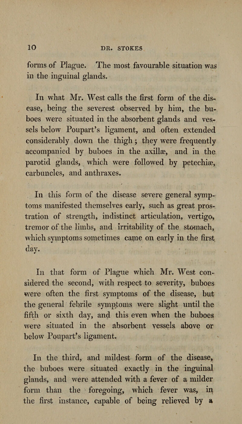 forms of Plague. The most favourable situation was in the inguinal glands. In what Mr. West calls the first form of the dis^ ease, being the severest observed by him, the bu¬ boes were situated in the absorbent glands and ves¬ sels below Poupart’s ligament, and often extended considerably down the thigh; they were frequently accompanied by buboes in the axillae, and in the parotid glands, which were followed by petechiae, carbuncles, and anthraxes. In this form of the disease severe general symp¬ toms manifested themselves early, such as great pros¬ tration of strength, indistinct articulation, vertigo, tremor of the limbs, and irritability of the stomach, which symptoms sometimes came on early in the first day. • ; In that form of Plague which Mr. West con¬ sidered the second, with respect to severity, buboes were often the first symptoms of the disease, but the general febrile symptoms were slight until the fifth or sixth day, and this even when the buboes were situated in the absorbent vessels above or below Poupart’s ligament. In the third, and mildest form of the disease, the buboes were situated exactly in the inguinal glands, and were attended with a fever of a milder form than the foregoing, which fever was, in the first instance, capable of being relieved by a