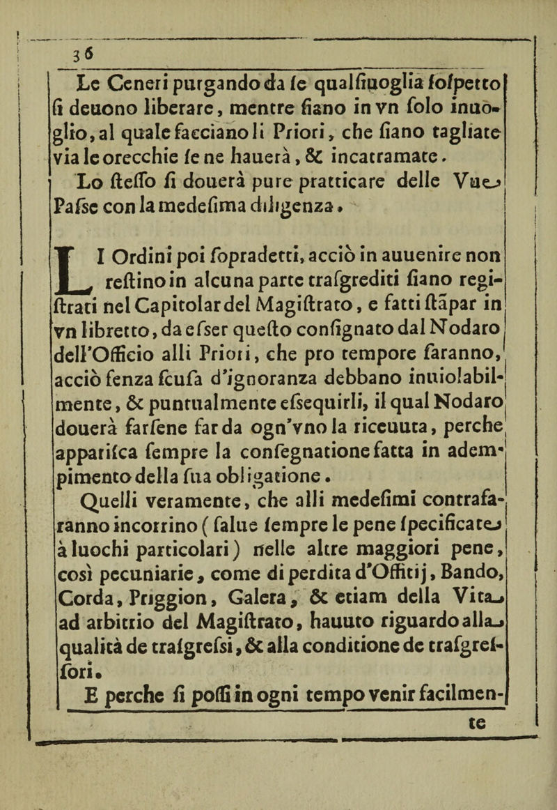 j ! Le Ceneri purgando da (e qualfiiioglia fo/petto (i deuono liberare, mentre fiano in vn folo inuo- glio,al quale facciano li Priori, che fiano tagliate via le orecchie fe ne hauerà, &amp; incatramate. | Lo Hello fi douerà pure praticare delle Vuej» Pafsc con la medefima diligenza » A LI Ordini poi fopradetti, acciò in auuenire non reftinoin alcuna parte trafgrediti fiano regi- ftrati nel Capitolar del Magiftrato, e fatti llapar in vn libretto, da efser quello confignato dal Nodaro deirOffieio alli Priori, che prò tempore faranno, acciò fenza fcufa d'ignoranza debbano inuiolabil- mente, &amp; puntualmente efsequirli, il qual Nodaro douerà farfene far da ogn’vnola riceuuta, perche, apparisca fempre la confegnatione fatta in adem* pimento della fua obi igatione. Quelli veramente, che alli medefimi contrafa¬ ranno incorrino ( falue fempre le pene fpecificatej à luochi particolari ) nelle altre maggiori pene, così pecuniarie > come di perdita d'Offiti j, Bando, Corda, Priggion, Galera, &amp; edam delia Vita-» ad arbitrio del Magiflrato, hauuto riguardo alla.» qualità de trafgrefsi, &amp; alla conditione de trafgref- fòri • | E perche fi polli in ogni tempo venir facilmen¬ te