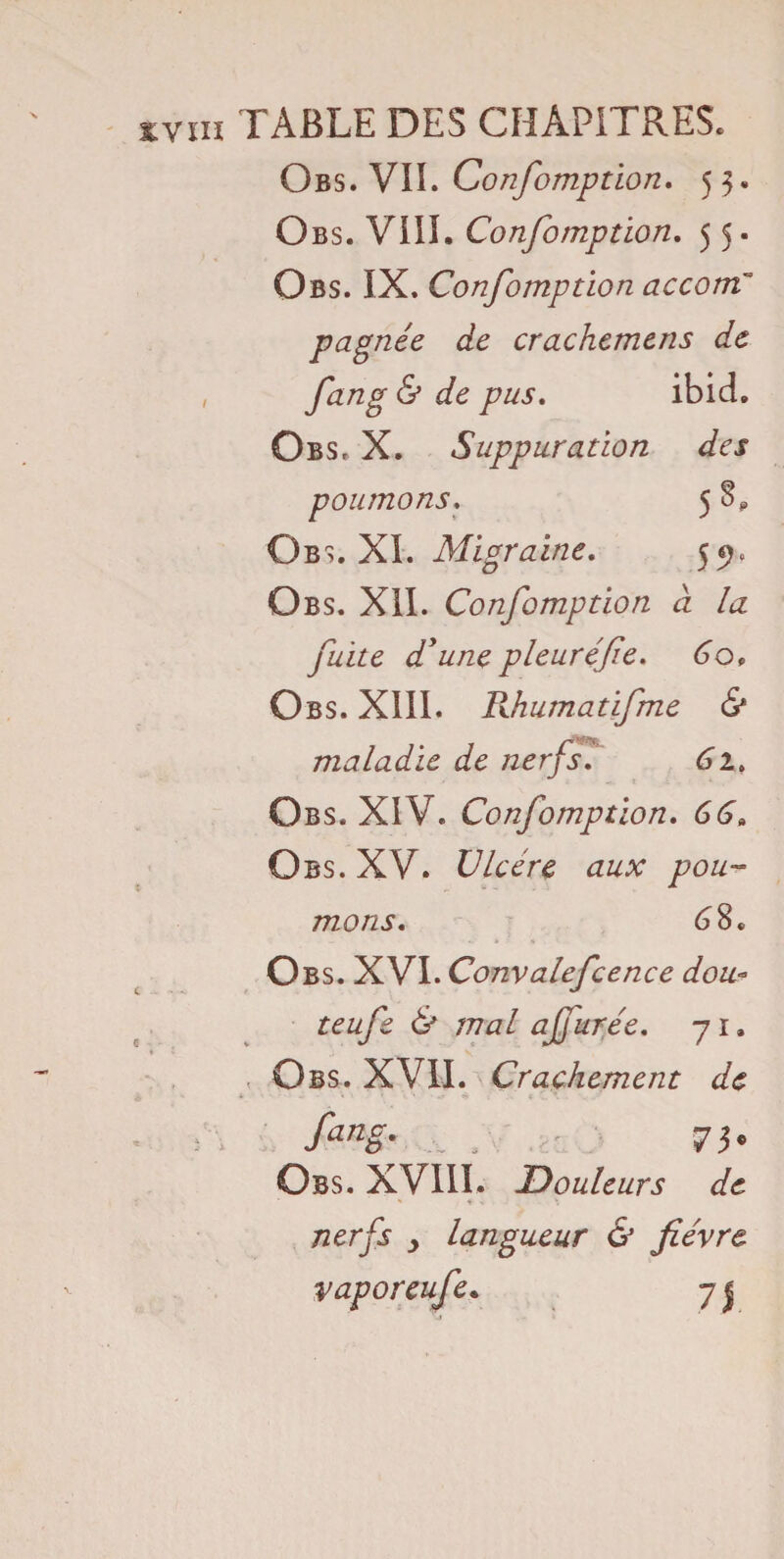 svm c e TABLE DES CHAPITRES. Obs. VII. Confomption, 53. Obs. VIII. Confomption. 5 5. Obs. IX. Confomption accomT pagnèe de crachemens de fang & de pus. ibid. Obs, X. Suppuration des poumons. 5 S. Obs. XI. Migraine. 59, Obs. XII. Confomption d la fuite d'une pleur èfie, 60, O BS. XIII. Rhumatifme & maladie de nerfs. 62. Obs. XIV. Confomption. 66. Obs. XV. Ulcère aux pou¬ mons, 6 8. O bs. XVI. Convalefcence dou~ teufe & mal ajfurée. 71. Obs. XVII. Crachement de fans- , 73. Obs. XVIII. Douleurs de nerfs y langueur & fièvre vaporeufe. 7 j
