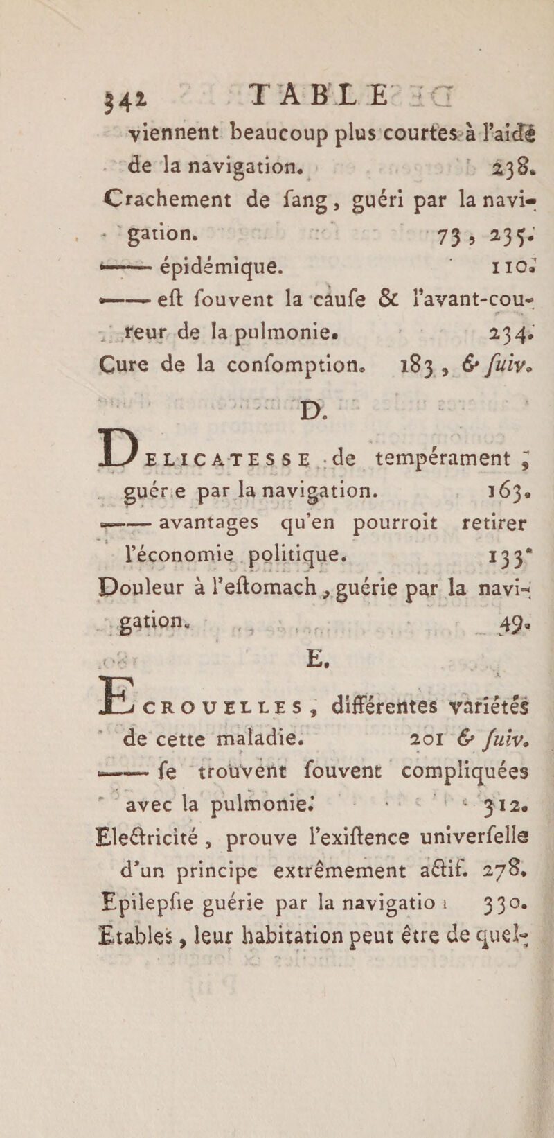 viennent beaucoup plus courtes à l’aidé de la navigation. 2,38» Crachement de fang, guéri par la navi- - gation. 73, 235. •—épidémique. no» —— eft fouvent la caufe & l’avant-cou- ,reur de la pulmonie. 2.34, Cure de la confomption. 183 , 6* fuiv. D elicatesse de tempérament^ guèr e par la navigation. 163. «r-avantages qu’en pourroit retirer l’économie politique. 133* Douleur à l’eftomach, guérie par la navi« gation. E El crouelles, différentes variétés de cette maladie. 201 & fulv. f .J <——• fe trouvent fouvent compliquées avec la pulmonie.’ • - 312® Electricité , prouve l’exiftence univerfells d’un principe extrêmement aélif. 278, Epilepfie guérie par la navigatio 1 330. Etables, leur habitation peut être de quel-