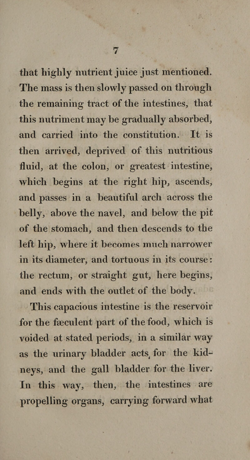 that highly nutrient juice just mentioned. The mass is then slowly passed on through the remaining tract of the intestines, that this nutriment may be gradually absorbed, and carried into the constitution. It is then arrived, deprived of this nutritious fluid, at the colon, or greatest intestine, which begins at the right hip, ascends, and passes in a beautiful arch across the belly, above the navel, and below the pit of the stomach, and then descends to the left hip, where it becomes much narrower in its diameter, and tortuous in its course: the rectum, or straight gut, here begins, and ends with the outlet of the body. This capacious intestine is the reservoir for the feculent part of the food, which is voided at stated periods, in a similar way as the urinary bladder acts for the kid¬ neys, and the gall bladder for the liver. In this way, then, the intestines are propelling organs, carrying forward what i