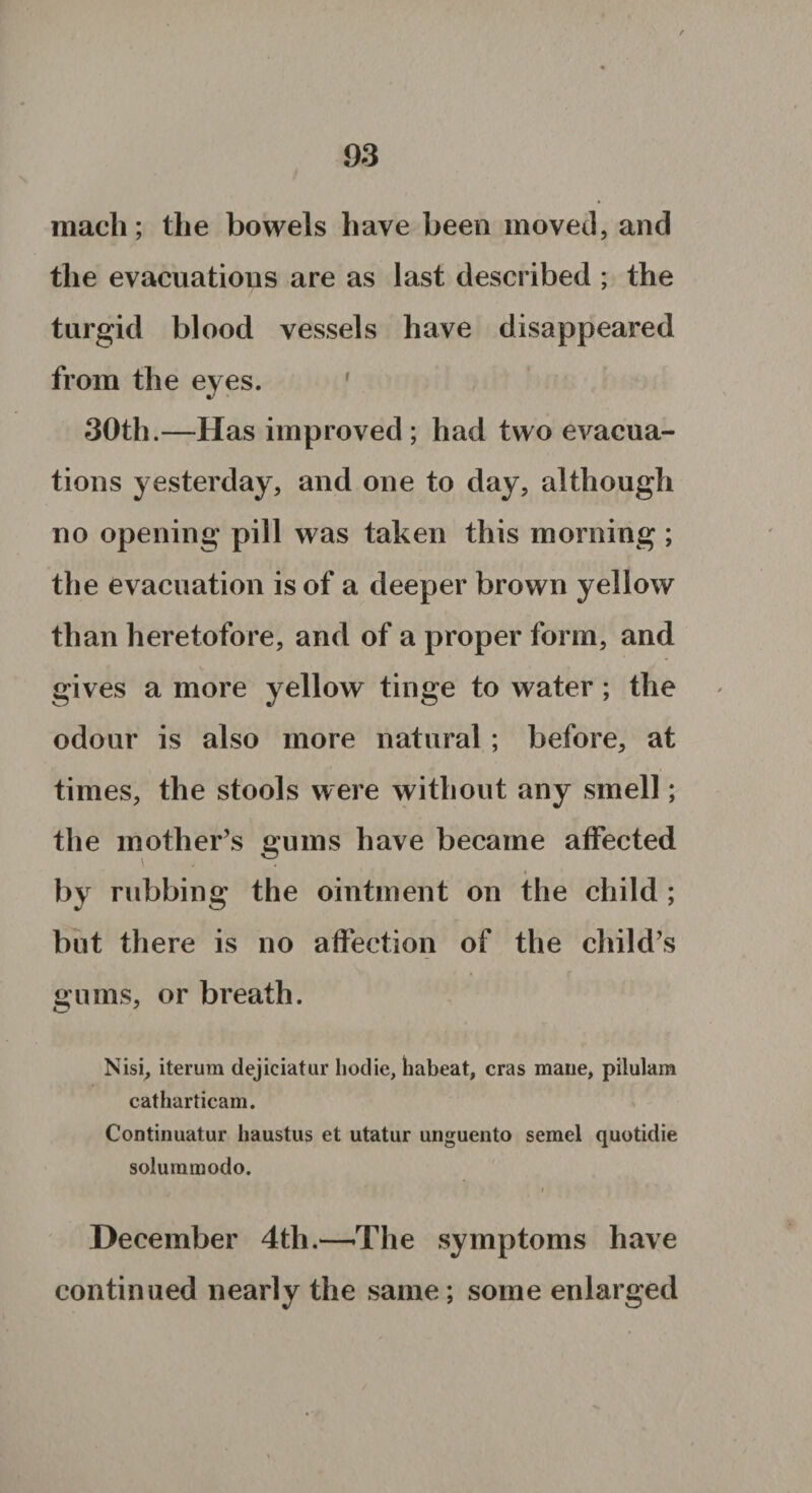 mach; the bowels have been moved, and the evacuations are as last described ; the turgid blood vessels have disappeared from the eyes. 30th.—Has improved ; had two evacua¬ tions yesterday, and one to day, although no opening pill was taken this morning ; the evacuation is of a deeper brown yellow than heretofore, and of a proper form, and gives a more yellow tinge to water; the odour is also more natural ; before, at times, the stools were without any smell; the mother’s gums have became affected by rubbing the ointment on the child ; but there is no affection of the child’s gums, or breath. Nisi, iterum dejieiatur liodie, habeat, eras mane, pilulam catharticam. Continuatur haustus et utatur unguento semel quotidie solummodo. December 4th.—-The symptoms have continued nearly the same; some enlarged