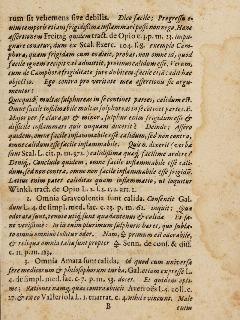 rum fit vehemens five debilis. Dico facile; ProgreJjk e* mm temporis etiamfrigidifma inflammari pojfe non nego. Hanc ajfertimem Freitag, quidem trati. de Opio c. 3-p. m. 23. impu¬ gnare conatur y dum ex Seal. Exerc. 104. f.g. exemplo Cam- phera, quam frigidam cum eo dicit, probat, non omne id, quod facile ignem recipit vel admittit,protinus calidum ejfe, Verum, cum de Camphora frigidit at e jure dubitem facile etiaeadit hac ebjeffiio. Ego contra pro veritate mea afjertionis fic argu¬ mentor : Quicquidl multas fulphureas in fe continet partes, calidum eff. Omne facile infama bile multas julphureas in fe cotine t partes. E. Major per fe clarant & minor fulphur enim frigidum ejfe & difficile inflammari quis unquam dixerit ? Deinde; Affero quidem*, omnefacile inflamma bile ejfee calidum, fi d non contra, omne calidum ejfefacile infammabile. Quis n. dixeritfver ha funt Seal. L. cit. p. m. 372.) cahdifima quaf faci lime ardere ? Demf, Concludo quidem, omne facile infammabile effe cali¬ dum fed non contra, omne non facile infammabile ejfe frigidu. Latius enim patet c addit as quam inflammatio ? ut loquitur Winkl. tradi, de Opio L. 2. C z. c. 1. art. 1. 1. Omnia Graveolentia funt calida. Confentit Gal. dum L. 4. de fimpl. med« fac. c. 23. p. m. 61. inquit; 6}u& odorata funt, tenuia utif funt quadam emes & calida. Et /4» ne verifime: In iis enim plurimumfulphur is haret, quo fubla* te omnis omnino tolktu r odor. Nam, £ primum e fi 0 der abde, & reliqua omnia tahafuntpropter Senn» deconf. & diff. c. ii. p.m.i83* 3. Omnia Amara funtealida» id quod cum tmiverfa fere medicorum gr phtlofiphorum turba, Gal .etiam exprejfe L„ 4. defimpLmed. fac. c.7. p. m* 53. docet. Et quidem opti¬ me', Rationes namq, quas contra sbiicit Averroes L.j. coll.c. if.&exeoValleriolaL. i.enarrat. c. 4.nihilevincunt. Male B emm