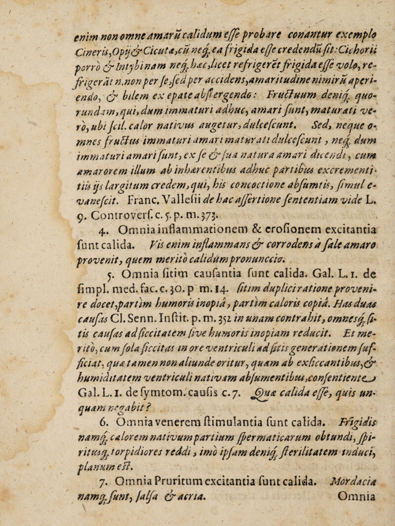 emm non omne amari*calidum effe probare conantur exemplo Cineris,Optj&Cicutd}cu neifi ea frigida effe credenda fit;Cichoril porro & Intybi nam nefijjac dicet refrigeretfrigida effe volo, re- frigerat nmon per fefedper accidens,amaritudine nimiru aperi¬ endo, & bilem ex epate abfiergendo: FruiJuum demf quo- r undam, qui» dum immaturi adhuc, amari fimt, maturati ve* ro, ubi Jcil. calor nativus augetur, dulce fiunt. Sed> neque o* rnnes fruBus immaturi amari maturati dulce fiunt , mfi dum immaturi amarifiunt, exfe (fi fu a natura amari dicendi, cum amarorem illum ab inh arent ibus adhuc partibus excrementi* tik tjs largitum eredem, qui, his concoctione abfumtis, fimul e- vanefcit. Franc. Vallefii de hac affert ion e fi nt e miam vide L. 9. Comroverf. c. 5. p. m. 373. 4. Omniainflammationem & crofionem excitantia funt calida. Vis enim inflammans & corrodens d fale amaro provenit, quem merito calidumpronunccio, c. cSmnia fittm caufantia fimt calida. Gal. L. r9 de fimpL med. fac. c. 30. p m. 14. fittm duplici ratione proveni* re docet,parfim humoris inopia, parim caloris copia. Has duas caufits Cl. Senn. Inftit p. ni, 351 in unam contrahit, cmnesfifrh tis c au fas adficcitaiem five humoris inopiam reducit. Et me- rite, cumfila fic citas more ventriculi ad ficis generationemfufi fidat. qua tamen non aliunde oritur, quam ab exfccantihm,(fi humiditatem ventriculi nativam abfumentibus, confindent e^j. Gal. L. 1. de fymtom. caofis 07. Jfiaa calida effe, quis un« quam negabit i 6. Omnia venerem flimulantia funt calida. Frigidis namtf calorem nativum partium fjper mattearum obtundi,ff i* ritmfjf torpidiores reddi, imo ipfam dem fi fler dii at em induci, planum esi. 7. Omnia Pruritum excitantia fimt calida. Mordacia namgpfmt, jalfa & acria. Omnia