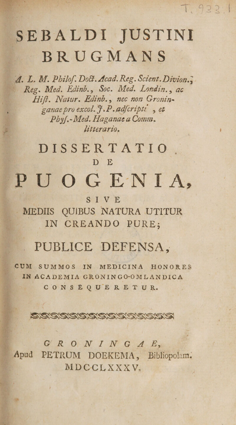 SEBALDI JUSTINI BRUGMANS 4. L. M. Philofi DoB. Acad. Reg, Scient. Divion.% Reg, Med. Edinb. 9 Soc. Med. Londin. ? ac Hi fi* Natur, Edinb, 5 nec non Gronin• ganaepro excol. J.P. adfcripti 5 et PhyJ,-Med. Ha ganae a Gomm, litterario. DISSERTATIO D E P U O G E N I A, SIVE , MEDIIS QUIBUS NATURA UTITUR IN CREANDO PURE; PUBLICE DEFENSA, CUM SUMMOS IN MEDICINA HONORES IN ACADEMIA GRON IN GO-O M L AN DIC A CONSEQUERETUR, G R O N I AT G J E, Apud PETRUM DOEKEMA, Bibliopolam. MDCCLXXXV,