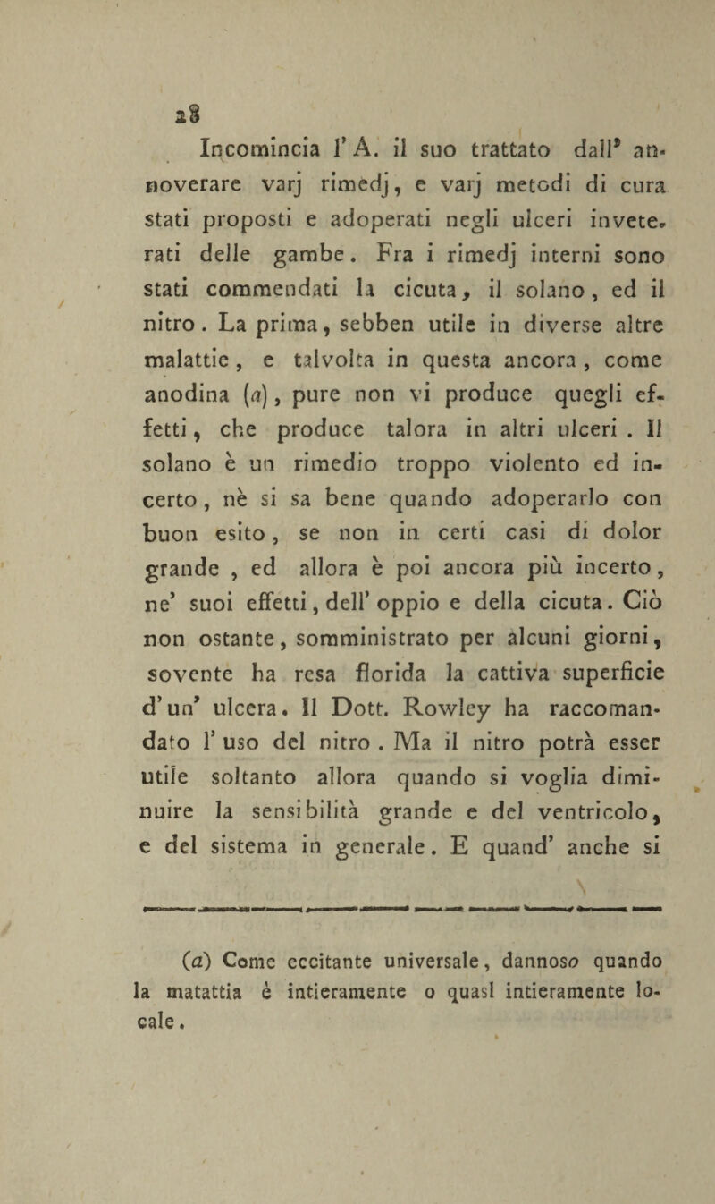 Incomincia 1’ A. il suo trattato dall® an¬ noverare varj rimedj, e varj metodi di cura stati proposti e adoperati negli ulceri invete¬ rati delle gambe. Fra i rimedj interni sono stati commendati la cicuta, il solano, ed il nitro. La prima, sebben utile in diverse altre malattie , e talvolta in questa ancora , come anodina (a), pure non vi produce quegli ef¬ fetti , che produce talora in altri ulceri . 11 solano è un rimedio troppo violento ed in¬ certo, nè si sa bene quando adoperarlo con buon esito, se non in certi casi di dolor grande , ed allora è poi ancora più incerto, ne’ suoi effetti, dell’oppio e della cicuta. Ciò non ostante, somministrato per alcuni giorni, sovente ha resa florida la cattiva superficie d’un’ ulcera, 11 Dott. Rowley ha raccoman¬ dato f uso del nitro . Ma il nitro potrà esser utile soltanto allora quando si voglia dimi¬ nuire la sensibilità grande e del ventricolo, e del sistema in generale. E quand’ anche si \ (a) Come eccitante universale, dannoso quando la matattia è intieramente o quasi intieramente lo¬ cale .
