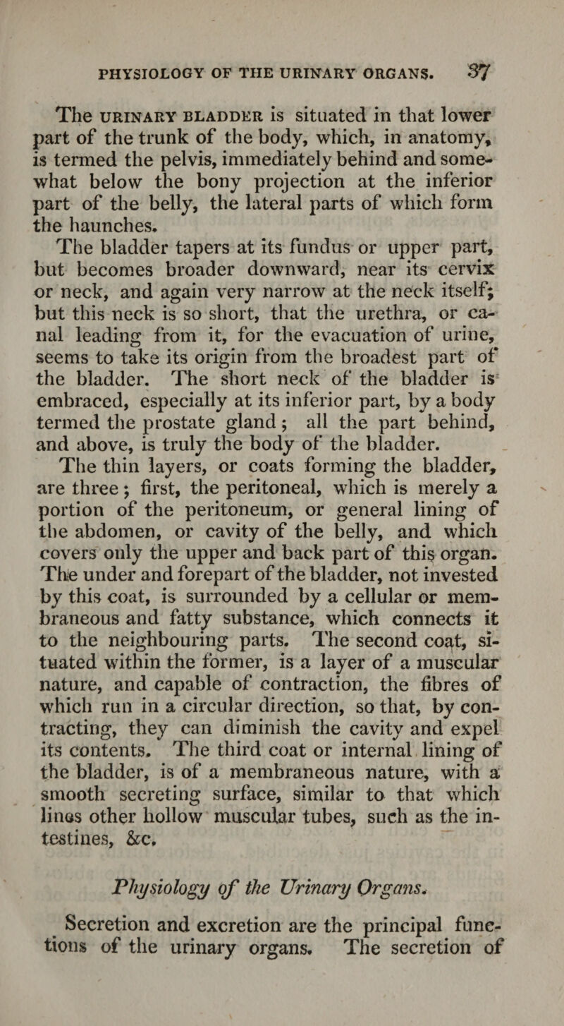 The urinary bladder is situated in that lower part of the trunk of the body, which, in anatomy* is termed the pelvis, immediately behind and some¬ what below the bony projection at the inferior part of the belly, the lateral parts of which form the haunches. The bladder tapers at its fundus or upper part, but becomes broader downward, near its cervix or neck, and again very narrow at the neck itself; but this neck is so short, that the urethra, or ca¬ nal leading from it, for the evacuation of urine, seems to take its origin from the broadest part of the bladder. The short neck of the bladder is embraced, especially at its inferior part, by a body termed the prostate gland; all the part behind, and above, is truly the body of the bladder. The thin layers, or coats forming the bladder, are three; first, the peritoneal, which is merely a portion of the peritoneum, or general lining of the abdomen, or cavity of the belly, and which covers only the upper and back part of this organ. The under and forepart of the bladder, not invested by this coat, is surrounded by a cellular or mem¬ braneous and fatty substance, which connects it to the neighbouring parts. The second coat, si¬ tuated within the former, is a layer of a muscular nature, and capable of contraction, the fibres of which run in a circular direction, so that, by con¬ tracting, they can diminish the cavity and expel its contents. The third coat or internal lining of the bladder, is of a membraneous nature, with a smooth secreting surface, similar to that which lines other hollow muscular tubes, such as the in¬ testines, &c. Physiology of the Urinary Organs. Secretion and excretion are the principal func¬ tions of the urinary organs. The secretion of