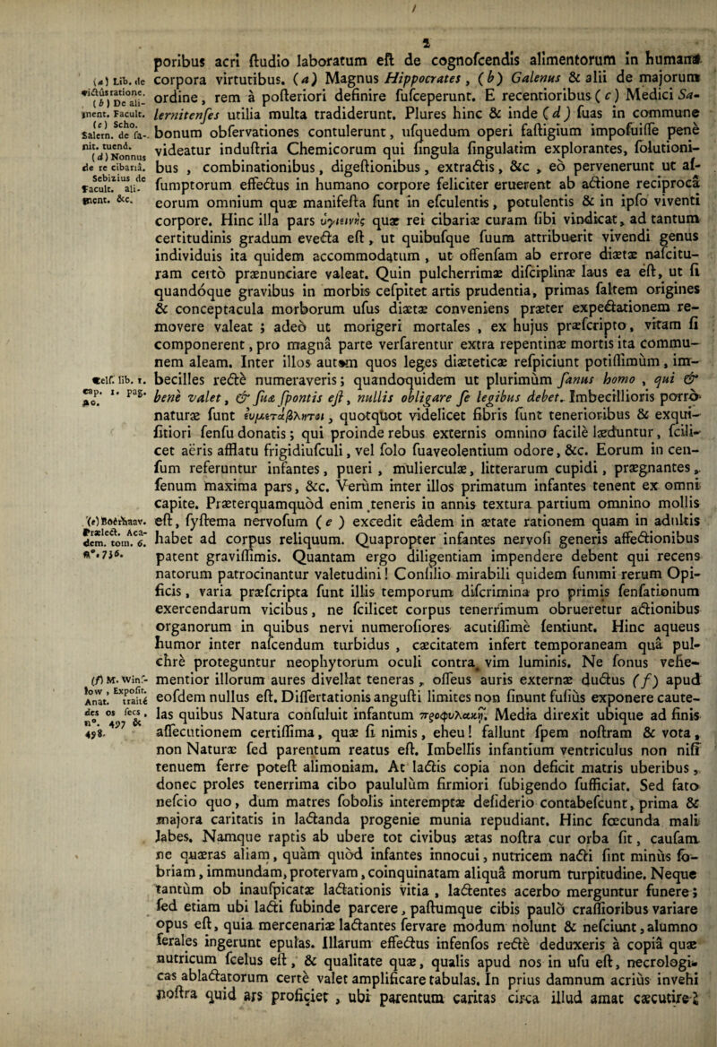 / (<0 Lib. «le *i&us ratione. . ( b ) Dc ali- inent. Faculc. (c) Scho. Salem. de fa-. nit. tuend. (d) Nonnus de re cibaria. Sebizius de Tacuit, ali- tnent. &c. «elf. lib. t. cap. i. pag. *o. (e)Bo6rhaav. trseletl. Aca- dem. totn. 6. (f) M. WinT- low , Expofit. Anat. traitl des os fecs , n°. 4P7 & 49 8. 1 poribus acri ftudio laboratum eft de cognofcendis alimentorum in humaml corpora virtutibus. (a) Magnus Hippocrates , ( b) Galenus & alii de majorum ordine , rem a pofteriori definire fufeeperunt. E recentioribus ( c) Medici Sa- lernitenfes utilia multa tradiderunt. Plures hinc & inde (d ) fuas in commune bonum obfervationes contulerunt, ufquedum operi faftigium impofuifle pene videatur induftria Chemicorum qui fingula fingulatim explorantes, folutioni- bus , combinationibus, digeftionibus, extradis, &c > eo pervenerunt ut af- fumptorum efferus in humano corpore feliciter eruerent ab adione reciproca eorum omnium quas manifefta funt in efculentis, potulentis & in ipfo viventi corpore. Hinc illa pars vyiuvr.; quae rei cibarias curam fibi vindicat, ad tantum certitudinis gradum eveda eft, ut quibufque fuurn. attribuerit vivendi genus individuis ita quidem accommodatum , ut offenfam ab errore diaetae nafeitu- ram certo praenunciare valeat. Quin pulcherrimae difciplinae laus ea eft, ut li quandoque gravibus in morbis cefpitet artis prudentia, primas faltem origines & conceptacula morborum ufus diaetae conveniens praeter expedationem re¬ movere valeat ; adeo ut morigeri mortales , ex hujus praeferipto, vitam fi componerent, pro magna parte verfarentur extra repentinae mortis ita commu¬ nem aleam. Inter illos aut*m quos leges diaeteticae refpiciunt potiffimum, im¬ becilles rede numeraveris; quandoquidem ut plurimum fanus loomo , c/ui & bene valet, & fua [pontis ejl, nullis obligare fe legibus debet* Imbecillioris porro- naturae funt iv^Ta^urat, quotquot videlicet fibris funt tenerioribus & exqui-- fitiori fenfu donatis; qui proinde rebus externis omnino facile laeduntur, fidi-- cet aeris afflatu frigidiufculi, vel folo fuaveolentium odore, &c. Eorum in cen- fum referuntur infantes, pueri , mulierculae, litterarum cupidi, praegnantes fenum maxima pars, &c. Verum inter illos primatum infantes tenent ex omni capite. Praeterquamquod enim teneris in annis textura partium omnino mollis eft, fyftema nervofum ( e ) excedit eadem in state rationem quam in adultis habet ad corpus reliquum. Quapropter infantes nervofi generis affedionibus patent gravifflmis. Quantam ergo diligentiam impendere debent qui recens natorum patrocinantur valetudini! Conhlio mirabili quidem fummi rerum Opi¬ ficis , varia praeferipta funt illis temporum diferimina pro primis fenfationum exercendarum vicibus, ne fcilicet corpus tenerrimum obrueretur adionibus organorum in quibus nervi numerofiores acutiilime fentiunt. Hinc aqueus humor inter nafcendum turbidus , caecitatem infert temporaneam qua pul¬ chre proteguntur neophytorum oculi contra^ vim luminis. Ne fonus vefie- mentior illorum aures divellat teneras , ofieus auris externae dudus (f) apud eofdem nullus eft. Differtationisangufti limites non finunt fufiiis exponere caute¬ las quibus Natura confuluit infantum 7r^o<pvXctm. Media direxit ubique ad finis afiecutionem certiffima, quae fi nimis, eheu! fallunt fpem noftram & vota, non Naturae fed parentum reatus eft. Imbellis infantium ventriculus non niff tenuem ferre poteft alimoniam. At ladis copia non deficit matris uberibus, donec proles tenerrima cibo paululum firmiori fubigendo fufficiat. Sed fato nefeio quo, dum matres fobolis interemptae defiderio contabefiunt, prima & majora caritatis in ladanda progenie munia repudiant. Hinc foecunda mali Jabes. Namque raptis ab ubere tot civibus aetas noftra cur orba fit, caufam, ne quaeras aliam, quam quod infantes innocui, nutricem nadi fint minus fb- briam, immundam,protervam,coinquinatam aliqua: morum turpitudine. Neque tantum ob inaufpicatae ladationis vitia , ladentes acerbo merguntur funere > fed etiam ubi ladi fubinde parcere, paftumque cibis paulo craflioribus variare opus eft, quia mercenariae ladantes fervare modum nolunt & neftiunt,alumno ferales ingerunt epulas. Illarum effedus infenfos red& deduxeris a copia quae nutricum fcelus eft, & qualitate quae, qualis apud nos in ufu eft, necrologi- cas abladatorum certe valet amplificare tabulas. In prius damnum acrius invehi jmftra quid ars proficiet , ubi parentum caritas circa illud amat caecutiret