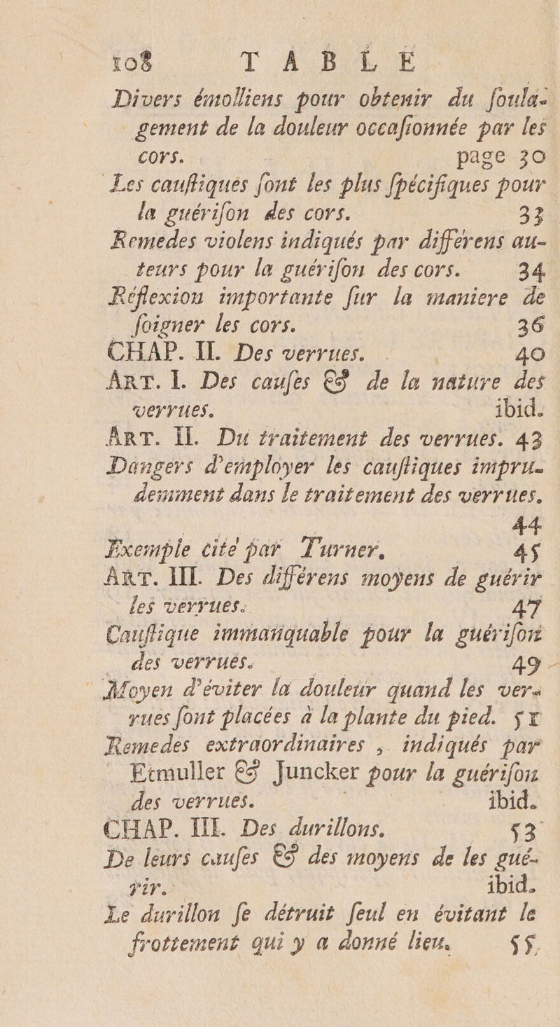 toi TABLE Divers émoîliens pour obtenir du foula- gement de la douleur occafionnée par les cors. page 3:0 Les caufiques font les plus spécifiques pour la guérifon des cors. 33 Meme de s violens indiqués par dijférens au¬ teurs pour la guérifon des cors. 34 jRéflexion importante fur la maniéré de foigner les cors. 3 6 CHAP. IL Des verrues. 40 Art. I. Des caufes £»? de la nature des verrues. ibicL Art. IL Du traitement des verrues. 43 Dangers Remployer les caufiiques impru¬ demment dans le traitement des verrues. i rn- 44 Exemple cité par Turner, Art. III. Des dijférens moyens de guérir les verrues„ 47 Çaufiique immanquable pour la guérifon des verrues« 4-9 ^ Moyen R éviter la douleur quand les ver- n/w/o/z£ placées à la plante du pied. 5* l Memedes extraordinaires , indiqués par Etmuîler Juncker j>o#r /« guérifon des verrues. ibicL CHAP. III. Des durillons. 53 De leurs caufes &amp; des moyens de les gué¬ rir. ibicL Le durillon fe détruit feul en évitant le frottement qui y a donné lieu; f f
