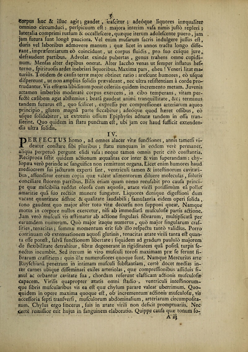 torpus huc & illuc agit; gaudet , Irafcltur ; adeoque liquores ina?qiialitet omnino circumduci, perfpicuum ert : majora interim vafa nimis juflo repleri j lateralia comprimi rurlum & occallefcere, quaeque iterum adolefcente puero, jam jam futura funt long^ pauciora. Vel enim mufarum facris indulgere juflus eft, duris vel laboribus admovere manum ; quae licet in annos tradu longo diffe¬ rant, impraefentiarum eo coincidunt, ut corpus fluidis, pro fuo cuique jure; defraudent partibus.^ Advolat exinde pubertas , genus trahens omne cupidi¬ num. Menfas alter dapibus onerat. Alter Iaccho venas ut femper inflatus hef- terno, fpirituofisardet inebriari liquoribus. Maxima pars, eheu ! Veneri litat ma¬ turius. Totidem de caufis terrae major obtinet ratio : arefcunt humores, eo ufque difpereunt, ut non amplius folidis praevaleant, nec ultra refiftentiam a corde pro¬ trudantur. Vis efiraena libidinum ponit celeriiis quidem incremento metam. Juvenis attamen imberbis moderate corpus exercens, in cibo temperans, vitam per- fedc caelibem agat abftemius; beata gaudeat animi tranquillitate, &c; terminus tandem futurus efl , quo fcilicet, expreffo per comprefliones arteriarum aqueo^ principio , gluten magna parte ficcabitur; adeoque quod hseret oflibus, eo ufque folidabitur, ut extrernis oflium Epiphyfes adnatae tandem in ofla tran- lisrint. Quo quidem in flatu pundum efl, ubi jam cor haud fufficic extenden¬ dis ultra folidis,. IV. , PERFECTUS homo , ad omnes alacer vitae fundiones, annis tametfi vi¬ deatur conflare flbi pluribus ; flatu nunquam in e(3dem vere permanet, aliqua perpetuo pergunt elidi vafa: neque tamen omnis perit cito conflantia. Reciproca fiflit quidem adionum aequalitas cor inter & vim fuperandam: chy- Ibpxa vero perinde ac fanguifica non remittunt organa. Licet enim humores haud mediocrem fui faduram experti fint, ventriculi tamen & inteflinorum cavitati¬ busaffunditur eorum copia quae valeat alimentorum diluere moleculas, folutis conciliare fluorem partibus. Bilis etiam quam nemo recufabit pro caufa princi¬ pe quae mifcibilia reddat oleofa cum aquofis, aetate virili potiflimiim ea pollet' amaritie qua fuo redius munere fungatur. Liquores denique digeflioni dum vacant quantitate adhuc & qualitate laudabili; famulantia eidem operi folida, tono gaudent quo major alter toto vitae decurfu non fupponi queat. Namque motus in corpore nullus exercetur, nifi ab immediata mufculofae partis adione. Jam vero mufculi vis sflimatur ab adione Angulari fibrarum, multiplicata per earumdem numerum. Qiib major itaque numerus, quo major fingularum craf- lities, tenacitas; fummae momentum erit fub illo refpedu tanto validius. Porro continuam ob extenuationem aquofi glutinis, tenacitas aetate virili tanta eft quan¬ ta effe poteft, falva fundionum libertate; fiquidem ad gradum paululo majorem de flexibilitate detrahitur, fibrae degenerant in rigiditatem qua pofita turpis fe-- nedus incumbit. Sed iterum in viro mufculi torofi maximam prae fe ferunt fi¬ brarum craffitiem : quin illae numerofiores quoque funt. Namque Mercurius arte Ruyfchiana penetrans in intimam mufculi fubftantiam, certe docet medias in-- ter carnes ubique difleminari exiles arteriolas, qus compreffionibus afliduis fi- mul ac orbantur cavitate fua , chordam referunt elafticam adionis mufculofo capacem. Virilis quapropter aetatis omni ftadio> ventriculi inteftinorum- q^ue fibris mufcmaribus vis ea eft quae chylum parare valeat uberrimum. Quo- quidem in opere maxima quoque eft, ob incrementum'adionis mufculofae, vis accefforia fepti tranfverA, mufculorum abdominalium, arteriarum circumpofita- rnm. Chylus ergo Ancerus , fuis in $tate virili non deficit promptuariis. NeC‘ certe remiflior erit hujus in fanguinem elaboratio. Quippe caufa quae toiium fo- A^ii)