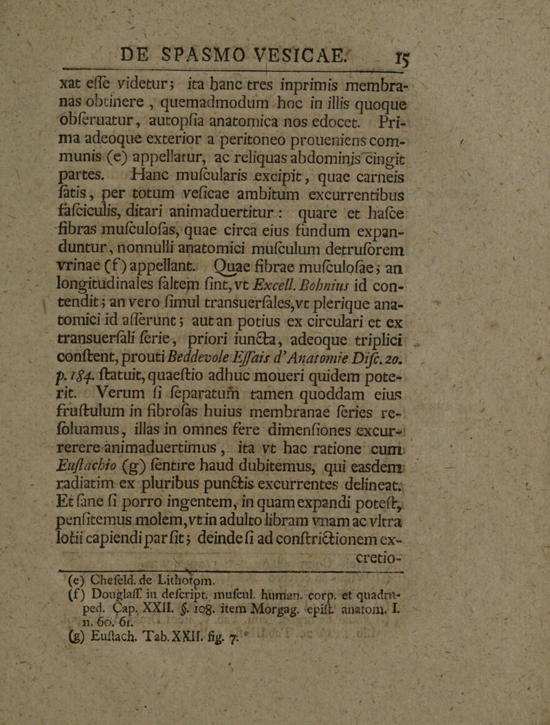 xat efle videtur; ita banc tres inprimis membra- nas obtinere , quemadmodum .hoc in illis quoque. Obferuatur , autopfia anatomica nos edocet. | Pri- - ma adeoque exterior a peritoneo proueniens com- - munis (€) appellatur, ac reliquas abdominis cingit. partes. Hanc mufcularis excipit, quae carheis fatis, per totum veficae ambitum excurrentibus fafciculis, ditari animaduertitur: quare et hafce fibras mufculofas, quae circa eius fundum expan- ——— vrinaé (£) appellant. . Quae fibrae muículofae; an longitudinales faltem (int, vt Excell. Bobnius id con-- tendit; an vero fimul transuerfàles,vt plerique ana- toruici id afferunt; autan potius ex circulari et ex transuerfàli ferie, priori iun&amp;ta, adeoque triplici | . o onftent, prouti Beddevole.E/fais d' Anatomie Difc. 20. p.154. ftatuit, quaeftio adhuc moueri quidem pote: . rit. Verum fi feparatufn tamen quoddam eius fruftulum in fibrofas huius membranae feries re-. foluamus, illas in omines fere dimenfiones excur« rerereanimaduertimus ,. ita vt hac ratione cum - Euffacbio (g)) fentire haud dubitemus, qui easdenz - radiatim ex pluribus pun&amp;is excurrentes delineat; — - ..Etfane fi porro ingentem, in quam expandi poteft, enfitemus molem, vtin adulto libram vnam ac vltra lotii capiendi parit; deindefi adconftri&amp;tionemex- — E Me A a ad aceperiger '(e) Chefeld. de Lithotom. : RE bii opo be NA 1 PE AE (£) Douglaff. in defcript: mufcul. human. corp. et quadim- ped. Cap. XXII. $. 168. item Morgag. epift. anatom. EL. - ^um. 60. 6t. LY ORG ATIS (g) Euítach. Tab. XXII. fig. z/* ^^ . s. $,