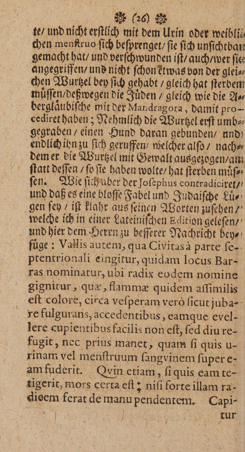 gemacht hat / und verſchwunden iſt / auch / wer fie chen Wurtzel bey ſich gehabt / gleich hat ſterbem muͤſſen / deß wegen die Juͤden / gleich wie die A⸗ 1 berglaͤubiſche mit der Mandragora, damit pro gegraben / einen Hund daran gebunden / und) 7 | | | gezogen / am ſtatt deſſen ſo ſie haben wolte / hat ſterben muͤſ⸗ ſen. Wie ſichaber der Joſephus contradicixet / gen ſey / iſt klahr aus ſeinen Worten zuſehen / welche ich in einer Lateiniſchen Eaition geleſen / ptentrionali eingitur, quidam locus Bar- gignitur, quæ, flammæ quidem aſſimilis eſt colore, circa vefperam verò ſicut juba- re fulgurans, accedentibus, eamque evel- lere cupientibus facilis non eſt, ſed diu re- fugit, nec prius manet, quam fi quis u- rinam vel menſtruum ſangvinem ſuper e- am fuderit. Quin etiam, ſi quis eam te- tigerit, mors certa efl 5 niſi forte illam ra- dieem ferat de manu pendentem. Capi- N Wee ar PB