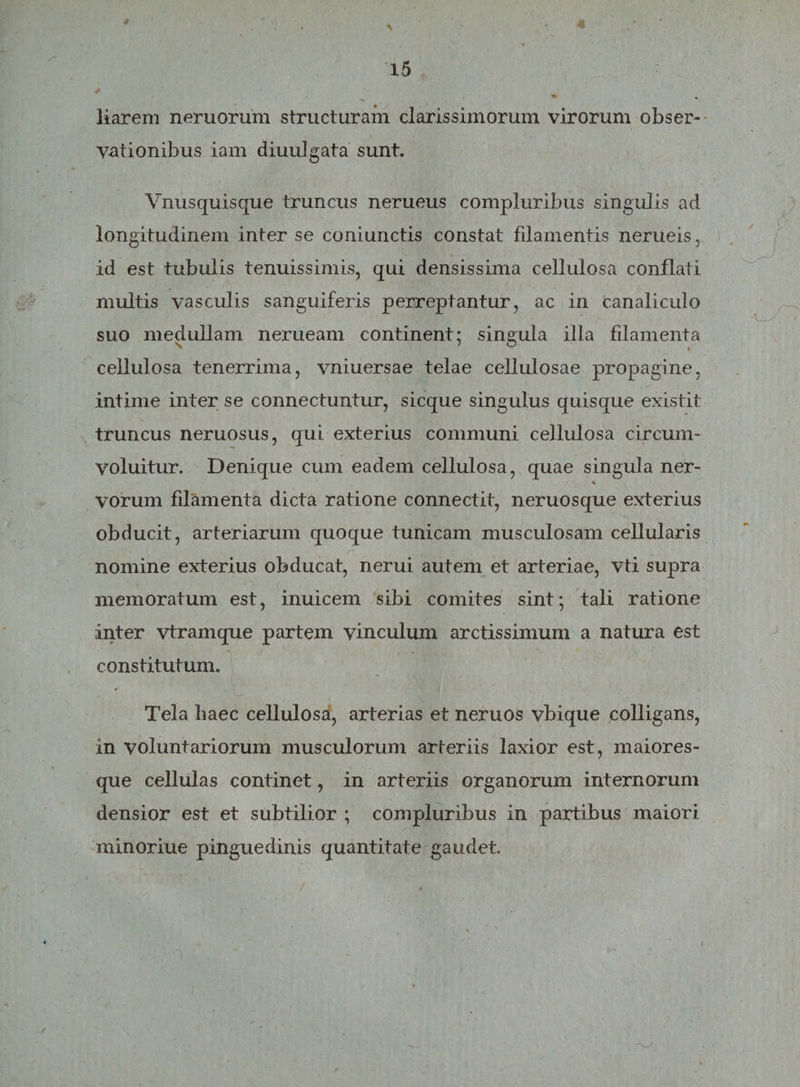 •*» ^ liarem neruorum structuram clarissimorum virorum obser¬ vationibus iam diuulgata sunt. Vnusquisque truncus nerueus compluribus singulis ad longitudinem inter se coniunctis constat filamentis nerueis, id est tubulis tenuissimis, qui densissima cellulosa conflati multis vasculis sanguiferis perreptantur, ac in canaliculo suo medullam nerueam continent; singula illa filamenta cellulosa tenerrima, vniuersae telae cellulosae propagine, intime inter se connectuntur, sicque singulus quisque existit truncus neruosus, qui exterius communi cellulosa circum- voluitur. Denique cum eadem cellulosa, quae singula ner- vorum filamenta dicta ratione connectit, neruosque exterius obducit, arteriarum quoque tunicam musculosam cellularis nomine exterius obducat, nerui autem et arteriae, vti supra memoratum est, inuicem sibi comites sint; tali ratione inter vtramque partem vinculum arctissimum a natura est constitutum. Tela liaec cellulosa, arterias et neruos vbique colligans, in voluntariorum musculorum arteriis laxior est, maiores- que cellulas continet, in arteriis organorum internorum densior est et subtilior ; compluribus in partibus maiori minoriue pinguedinis quantitate gaudet.