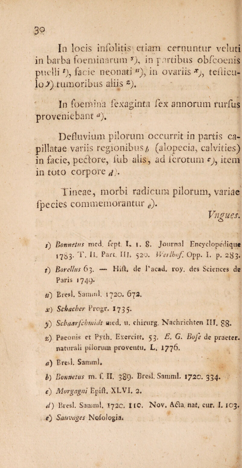 Ia locis ini olitis etiam cernuntur veluti in barba foeminarum y), in partibus obfcoenis puelli *), facie neonati ), in ovariis *), tefiicu- lo>)i tumoribus aliis2). v I In foemina fexaginta fex annorum rarius proveniebant a). Defluvium pilorum occurrit in partis ca¬ pillatae variis regionibus/, (alopecia, calvities) in facie, pedore, iub alis, ad fcrotum ej, item in tuto corpore d)- Tineae, morbi radicum pilorum, variae fpecles commemorantur e). Vngues. o s) Bonnetus mcd. fept, I* i. 8. Journal Encyclopedjque 1783. T. U. Pare. III* 520. Werlhof Opp. I. p. 283. i) Borel/us 63. *— Hift de 1’acad, roy. des Sciences de Paris 1749. ii) Bresl. Samml. 1720. 672. x) Schacher Progr. *735* y) Schaarfcbnridt aied. u, chirurg. Nachrichten III. z) Paeonis et Pyth. Exercitu 53. G. Boj e de praeter- naturali pilorum proventu, L. 1776. <i) Bred. Samml* b) Bonnetus m, f. II. 389. Bresl. Samml. 1720. 334. c) Morgagni Epift. XLVl, 2. d) Bresl. Samml. I72 C* IIC. Nov, A dia, nat, cur. I. 103, e) Sauvages Nofologia.