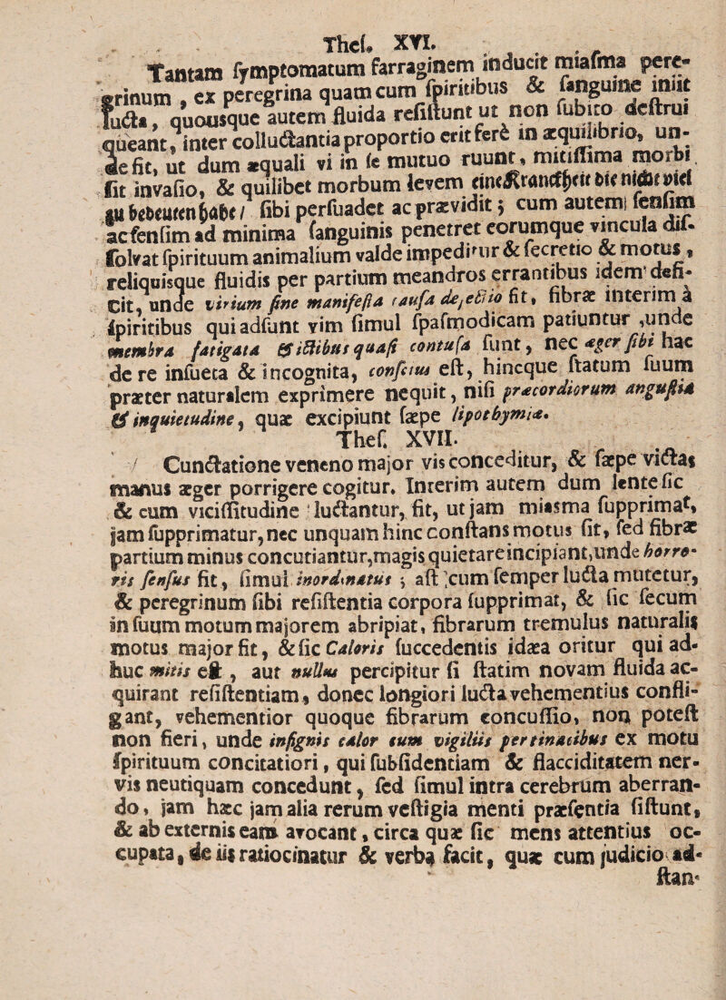 The!» XVI. Tantam firmptomatum farraginem inducit miafma pere¬ grinum , ex peregrina quatn cum fpiriubus & (inguine mut fuA., quousque autem fluida refiftunt ut non fubiro dcftrn. queant, inter colludantiaproportio eritfer£ in atqmlibrio, un¬ ie fit, ut dum aequali vi in it mutuo ruunt, rmtiflima morbi Iit invafio, & quilibet morbum levem dn<J?ran(ffKK 6« n«bt mi gttbe6«ut<n&a&r / fibi perfuadet acprarvidit; cum autemi leniim acfenlim ad minima (anguinis penetret eorumque vincula dii- folvat fpirituum animalium valde impedi,ur& iecretio & motus, reliquisque fluidis per partium meandros errantibus idem deo* Cit, unde wiu.m fine manifefia raufa dej e t uo fit» fibrae 111 ter ima ipiritibus quiadfunt Yim fimul fpafmodicam patiuntur ,unde membra fatigata &iaibus quaft contu(a flint, XitC <eger fibt kzc de re iniueta & incognita, tonftius eft, hineque flatum tuum praeter naturalem exprimere nequit, nifi pracordiorum angufim tS inquietudine, quae excipiunt faepe Upothymi*. TheC XVII. ■/ Cuneatione veneno major vis conceditur, & faepe victas manus aeger porrigere cogitur. Inrerim autem dum lente fic & cum vsciffitudine ? lu&antur, fit, ut jam miisma fupprima^» jamfupprimatur,nec unquam hinc conftans motus fit, fed fibrae partium minus eoncutiantur5magi$ quietareindpian^tmde horre¬ ris fenfusUt^ fitniri inordmatut \ aft cum femper ludia mutetur, & peregrinum fibi refiftentia corpora fupprimat, & fic fecum in fuum motum majorem abripiat, fibrarum tremulus naturalis motus major fit, & fic Caloris fuccedcntis idaea oritur qui ad¬ huc mitis eft , aut nuUm percipitur fi ftatim novam fluida ac¬ quirant refiftentiam $ donec longiori ludia vehementius confli¬ gant, vehementior quoque fibrarum concuffio, noq poteft non fieri, unde infignis calor eum vigiliis pertinacibus ex motu fpirituum concitatiori, qui fubfidentiam Sc flacciditatem ner¬ vis neutiquam concedunt, fed fimul intra cerebrum aberran¬ do, jam haec jam alia rerum veftigia menti praefentia fiftunt, &. ab externis eam avocant, circa quae fic mens attentius oc¬ cupata, de ii$ ratiocinatur & verba facit, quae cum judicio ad- ftan*