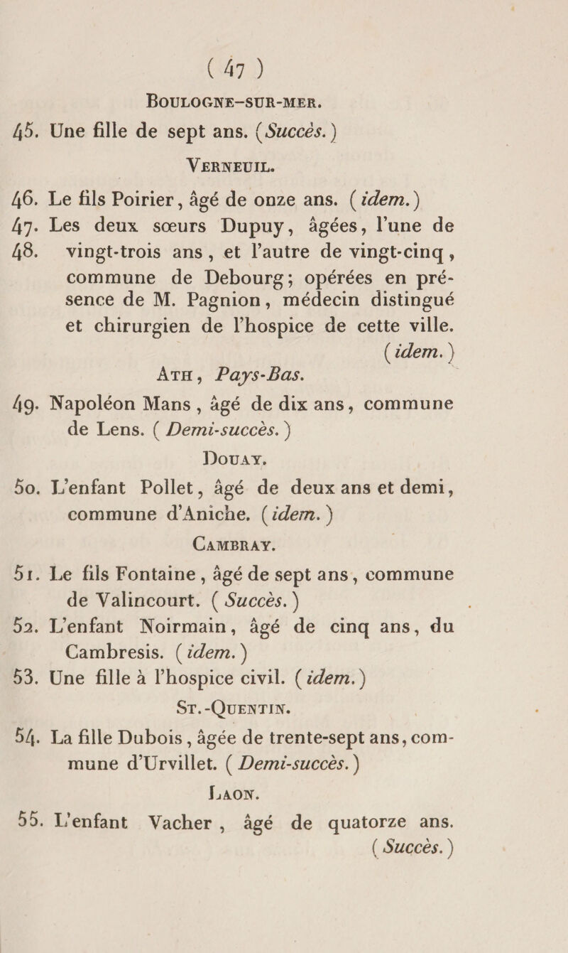 Boulogne-sür-mer. 45. Une fille de sept ans. (Succès.) Verweuil. 46. Le fils Poirier, âgé de onze ans. ( idem. ) 47. Les deux sœurs Dupuy, âgées, l’une de 48. vingt-trois ans , et l’autre de vingt-cinq, commune de Debourg; opérées en pré¬ sence de M. Pagnion, médecin distingué et chirurgien de l’hospice de cette ville. Ath, Pays-Bas. 49. Napoléon Mans , âgé de dix ans, commune de Lens. ( Demi-succès. ) Douay. 50. L’enfant Pollet, âgé de deux ans et demi, commune d’x\niche. (idem.) Cambray. 51. Le fils Fontaine , âgé de sept ans, commune de Valincourt. ( Succès. ) 52. L’enfant Noirmain, âgé de cinq ans, du Cambresis. ( idem. ) 53. Une fille à l’hospice civil. ( idem. ) St.-Quentin. 54. La fille Dubois, âgée de trente-sept ans, com¬ mune d’Urvillet. (Demi-succès.) Laon. 55. L’enfant Vacher , âgé de quatorze ans. ( Succès. ) )