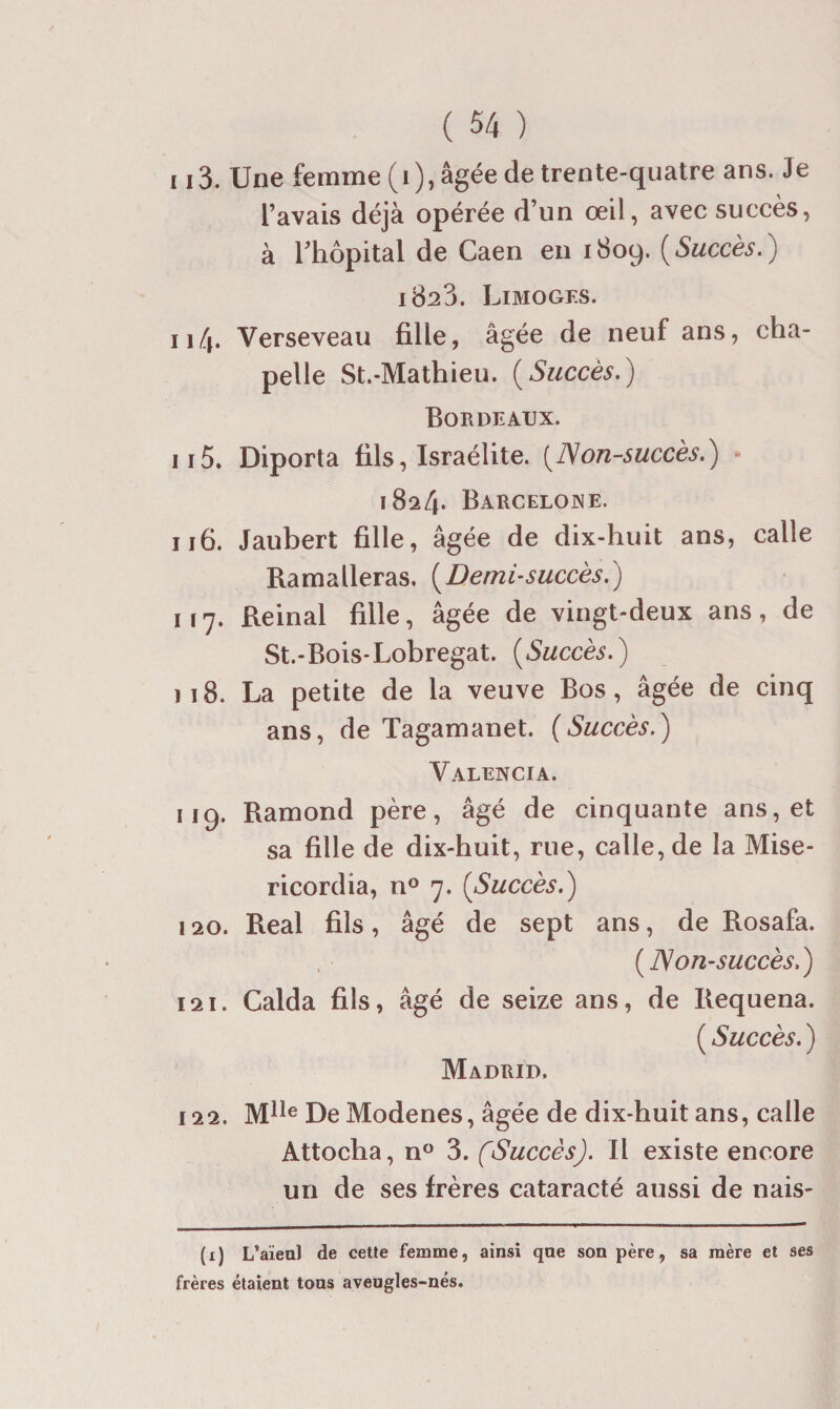 113. Une femme (i), âgée de trente-quatre ans. Je l’avais déjà opérée d’un œil, avec succès, à rhôpital de Caen eu 1809. [Succès.) 1823. Limoges. 114. Verseveau fille, âgée de neuf ans, cha¬ pelle St.-Mathieu. (Succès.) Bordeaux. 115. Diporta fils, Israélite. [IVon-succès.) * 1824. Barcelone. 116. Jaubert fille, âgée de dix-huit ans, calle Ramalleras. (Demi-succès.) 117. Reinal fille, âgée de vingt-deux ans, de St.-Bois-Lobregat. (Succès.) 118. La petite de la veuve Bos, âgée de cinq ans, de Tagamanet. (Succès.) Valencia. 119. Ramond père, âgé de cinquante ans, et sa fille de dix-huit, rue, calle, de la Mise- ricordia, n® 7. (Succès.) 120. Real fils , âgé de sept ans, de Rosafa. (]S on-succès.) 121. Calda fils, âgé de seize ans, de Requena. ( Succès. ) Madrid. 122. De Modenes, âgée de dix-huit ans, calle Attocha, n® 3. (Succès). Il existe encore un de ses frères cataracté aussi de nais- (x) L’aïeul de cette femme, ainsi que son père, sa mère et ses frères étaient tous aveugles-nés.