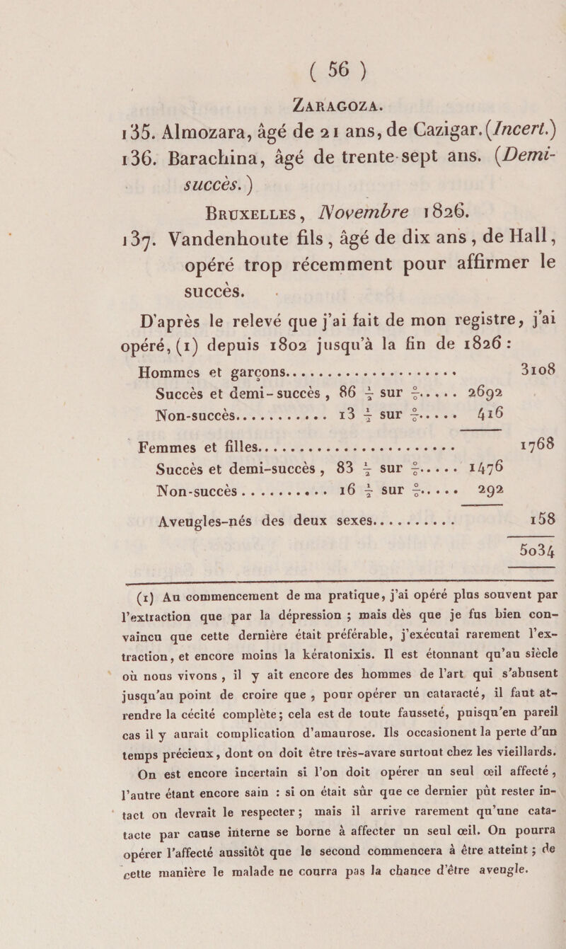 Zaragoza. 135. Almozara, âgé de 21 ans, de Cazigar.(//2cer^.) 136. Barachina, âgé de trente sept ans. (^Demi- succès. ) Bruxelles , ISovembre 1826. J 37. Vandenhoute fils , âgé de dix ans , de Hall, opéré trop récemment pour affirmer le succès. D’après le relevé que j’ai fait de mon registre, j’ai opéré, (i) depuis 1802 jusqu’à la fin de 1826 : Hommes et garçons. Succès et demi-succès , 86 ^ sur Non-succès. ^ sur Femmes et filles. Succès et demi-succès , 83 ^ sur Non-succès. a sur ^ Aveugles-nés des deux sexes. 3io8 2692 416 1768 1476 292 i58 5o34 (i) Aa commencement de ma pratique, j’ai opéré pins souvent par l’extraction que par la dépression ; mais dès que je fus bien con¬ vaincu que cette dernière était préférable, j’exécutai rarement l’ex¬ traction, et encore moins la kératonixis. Il est étonnant qu’au siècle où nous vivons , il y ait encore des hommes de l’art qui s’abusent jusqu'au point de croire que , pour opérer un cataracté, il faut at- rendre la cécité complète ; cela est de toute fausseté, puisqu’en pareil cas il y aurait complication d’amaurose. Ils occasionent la perte d’un temps précieux, dont on doit être très-avare surtout chez les vieillards. On est encore incertain si l’on doit opérer un seul œil affecté , l’autre étant encore sain : si on était sûr que ce dernier pût rester in- ‘ tact on devrait le respecter ; mais il arrive rarement qu’une cata- tacte par cause interne se borne à affecter un seul œil. On pourra opérer l’affecté aussitôt que le second commencera à être atteint j de cette manière le malade ne courra pas la chance d’être aveugle.