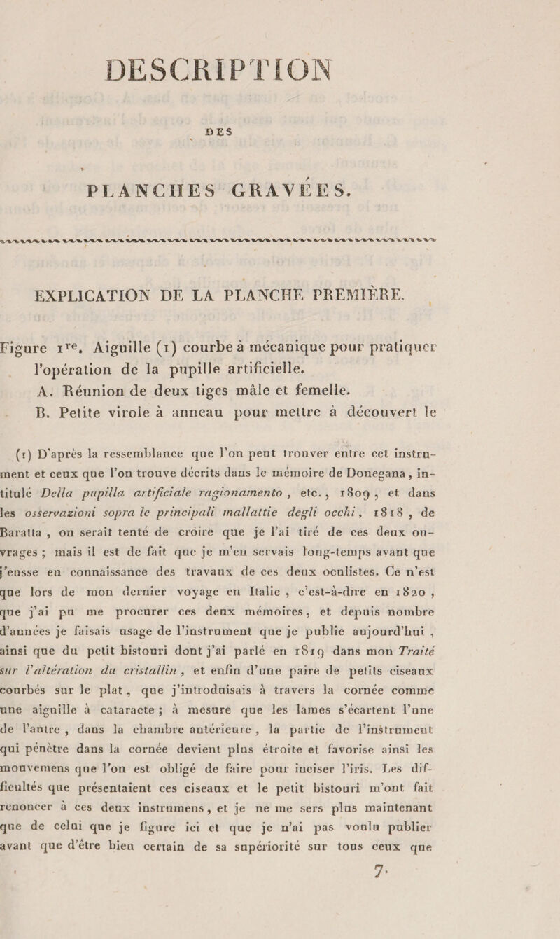 DESCRIPTION DES PLANCHES GRAVÉES. EXPLICATION DE LA PLANCHE PREMIÈRE. Figure Aiguille (i) courbe à mécanique pour pratiquer l’opération de la pupille artificielle. A. Réunion de deux tiges mâle et femelle. B. Petite virole à anneau pour mettre à découvert le (i) D'après la ressemblance qne l’on pent trouver entre cet instru¬ ment et ceux que l’on trouve décrits dans le mémoire de Donegana, in¬ titulé Délia pttpilla artificiale ragionamento , etc,, 1809, et dans les osservaz'ioni sopra le principali mallattie degli occîii, 1818, de Baratta , on serait tenté de croire que je l’ai tiré de ces deux ou¬ vrages ; mais il est de fait que je m’eu servais long-temps avant qne j'eusse eu connaissance des travaux de ces deux oculistes. Ce n’est que lors de mon dernier voyage en Italie , c’est-à-dire en 1820 , rpie j’ai pu me procurer ces deux mémoires, et depuis nombre d’années je faisais usage de l’instrument qne je publie aujourd’hui , ainsi que du petit bistouri dont j’ai parlé en 1819 dans mou Traité sur Valtération du cristallin , et enfin d’une paire de petits ciseaux courbés sur le plat , que j’introduisais à travers la cornée comme une aiguille à cataracte ; à mesure r^ue les lames s’écartent l’une de l’autre , dans la chambre antérieure, la partie de l’instrument qui pénètre dans la cornée devient plus étroite et favorise ainsi les mouvemens que l’on est obligé de faire pour inciser l’iris. Les dif¬ ficultés que présentaient ces ciseanx et le petit bistouri m’ont fait renoncer à ces deux instrumens, et je ne me sers plus maintenant que de celui que je figure ici et que je n’ai pas voulu publier avant que d’étre bien certain de sa supériorité sur tous ceux que