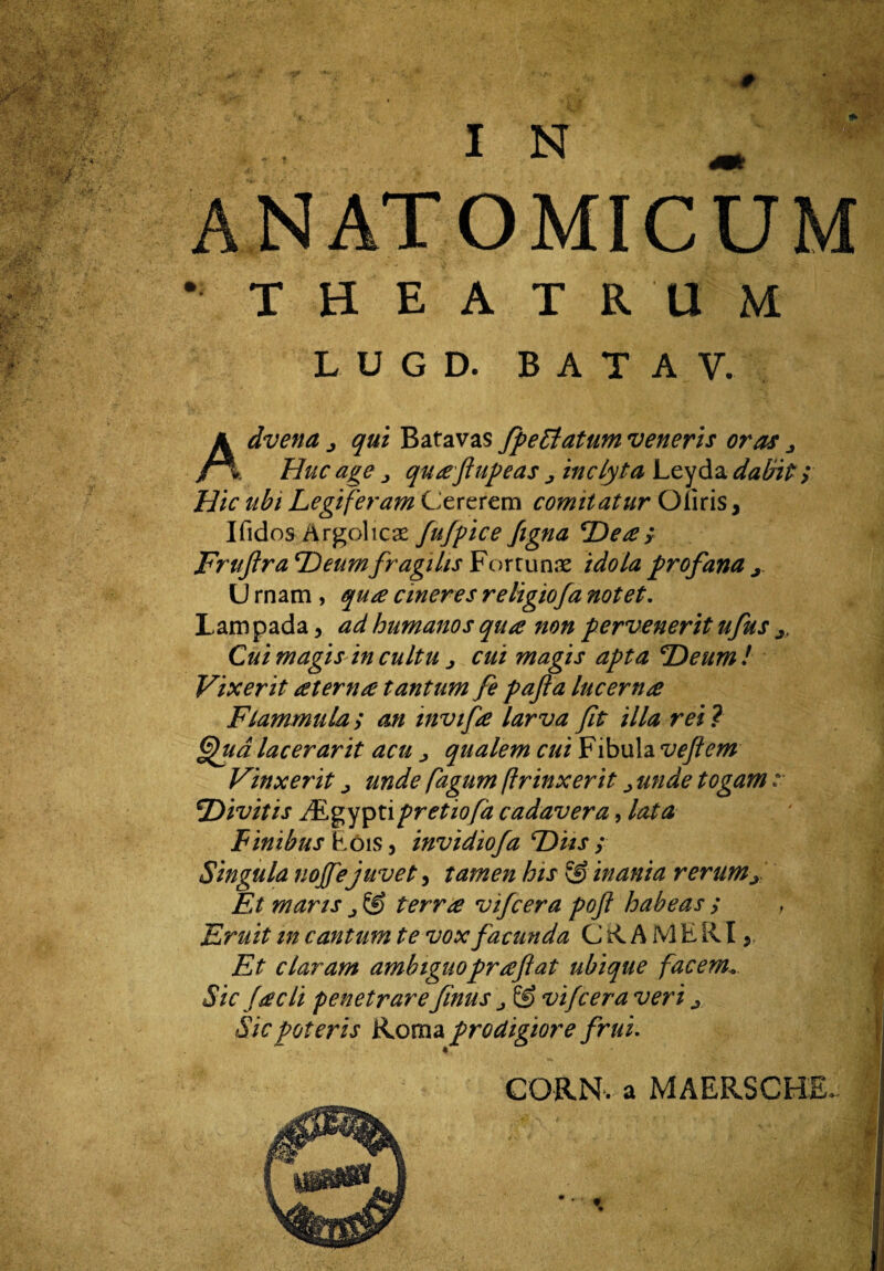 I & I N „ ANATOMICUM • THEATRUM L U G D. B A T A V. Advena ^ qui Batavas fpeBatum veneris or as j Hue âge j quœflupeas j inclyta Leyda dabit> Hic ubi Legiferam Cererem comitatur Oiîris, Ifidos Argolicæ fufpice figna *Deœ; FruftracDeumfragilis¥on\.mx idolaprofanax U rnam , quæ c mer es relïgïofa notet. Lampada, adhumanos quæ non pervenerït ufus Cuimagis in cuitu j eut magis apta <Deum! Fixer it œternœ tantum fe pafta lucernæ Flammula ; an mvifœ larva fit ilia rei ? Quâ lacerarït acu > qualem cui Fibula vefiem Finxerit ^ unde fagum ftrinxerit ^ unde togam r F>ivitis Ægyptipretïofà cadavera, lata Finibuskois, invidïofa'Dits ; Singula nojfejuvet, tamen bis & inania rerumJ: Et maris ^ Çf> terra vifeera poft habeas ; , Eruitmcantumtevoxfacunda CRAMERI, Et claram ambiguopræflat ubïque facem... Sic Jæcli penetrarefinus ^ © vifeera veri ^ Sicpoteris Roma prodigiore frui. CORN, a MAERSCHE. • t