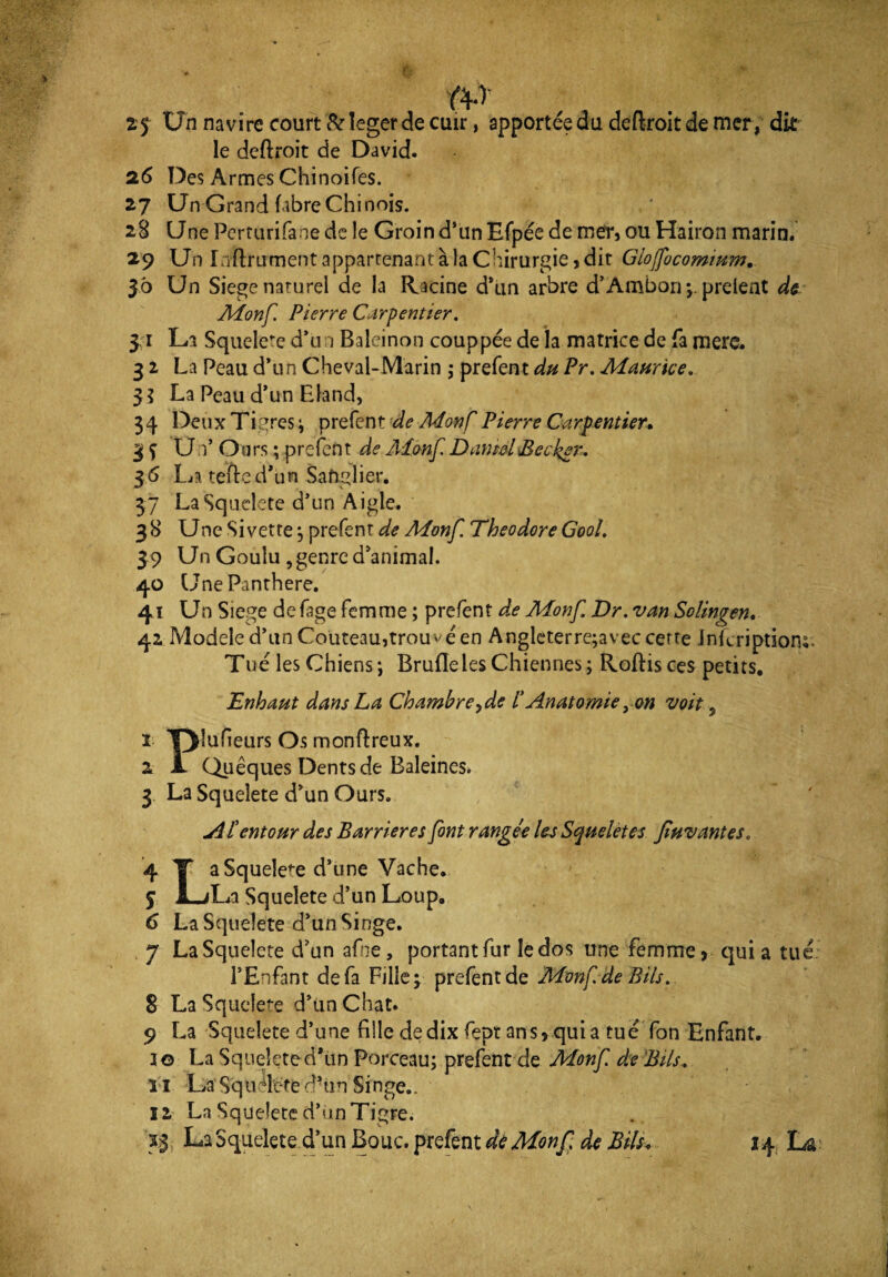 fi IV 25 Un navire court & leger de cuir, apportée du deflroit de mer, dit le deftroit de David. 26 Des Armes Chinoifes. 27 Un Grand fibre Chinois. 28 Une Perturifane de le Groin d’un Efpée de mer, ou Haiion marin. 29 Un Liftrument appartenant à la Chirurgie, dir Gbjfocommm• 36 Un Siégé naturel de la Racine d’un arbre d’Ambon;. prelent d* Monf Pierre Carpentier. 3 1 La Squeîete d’un Baleinon couppée de la matrice de fa mere. 3 2 La Peau d’un Cheval-Marin ; prefent du Pr. Maurice. 3 $ La Peau d’un Eknd, 34 Deux Tigres ; prefent de A4onf Pierre Carpentier. 3 ç Un5 Ours ; prefent de Monf Dan ml Becker. 3 <5 Lateïled’ün Sanglier. 37 LaSqueîete d’un Aigle. 38 UneSivette; prefent Monf Théodore Gool. 39 Un Goulu, genre d’animal. 40 Une Panthère. 41 Un Siégé de fage femme ; prefent de Monf. Dr. van Solingen, 42 Modèle d’un Couteau,trouvé en Angleterrc;avec cette JnLription; Tué les Chiens; Brufleles Chiennes; Roftisces petits. Enhaut dans La Chambre^de i'Anatomie, on voit ^ 1 TJlufieurs Os monftreux. 2 A Quêques Dents de Baleines. 3 La Squeîete d’un Ours. AP entour des Barrières font rangée les Squeletes Jiuv antes. 4 T a Squeîete d’une Vache. % JLjLa Squeîete d’un Loup. 6 LaSqueîete d’un Singe. 7 LaSqueîete d’un afne, portant fur le dos une femme > quia tué l’Enfant de fa Fille; prefent de Monfde Bits. 8 LaSqueîete d’un Chat. 9 La Squeîete d’une fille de dix fept ans, quia tué Ton Enfant. 10 Ea Squeîete d’un Porceau; prefent de Monf de BUs,. i l La Squdete d’un Singe.. 12 La Squeîete d’un Tigre. 33 LaSqueîete d’un Bouc, prefent de Monf de B ils. 14 La