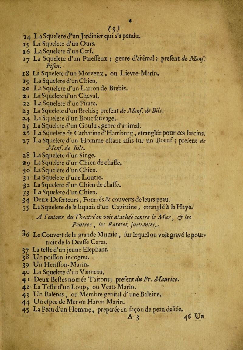 es) 14 La Squelete d*un Jardinier qui s’a pendu. 15 La Squelete d’un Ours. 16 La Sque!efe d’un Cerf, 17 La Squelete d’un Parefleux ; genre dVnimal j prefent de Monf Pifon. 18 La Squelere d’un Morveux » ou Lievre- Marin» 19 La Squelete d’un Chien, 20 La Squelete d’un Larron de Brebis. 21 La Squelete d’un Cheval. 22 La Squelete d’un Pirate. 23 La Squelete d’un Brebis ; prefent de Monf de Bils. 24 La Squelete d’un Bouc fauvage. 2 f La Squelere d’un Goulu, genre d’animal. 26 La Squelete de Catharine d’Hamburg, étranglés pour ees larcins, 27 La Squelete d’un Homme eRant alfis fur un Boeuf ; prefent de Afonf.de Bils, 28 La Squelete d’un Singe. 29 La Squelete d’un Chien de chafïe. 30 La Squelete d’un Chien. 31 La Squelete d’une Loutre. 32 La Squelete d’un Chien de chafïe. 33 La Squelete d’un Chien. 34 Deux Deferteurs, Fourrés & couverts de leurs peau. 35 La Squelete de le laquais d’un Capitaine, étranglé à la Haye# A l'entour du Theatre'on voit ataebée contre le Afur, & les Poutres, les Raretés fuivantes,. 36 Le Couvert de la grande Mumie, fur lequel on voit gravé le pour- trait de la Deefle Ceres. 37 La teRe d’un jeune Eléphant. 3S Unpoiflon incognu. 39 Un HerifTon-Marin. 40 La Squelete d’un Vanneau, 4 * Deux BeRes nomée Taitons; prefent du Pr. Maurice. 42 La TeRe d’un Loup, ou Veau-Marin. 43 Un Balenas, ou Membre génital d’une Baleine. 44 Un efpee de Mer ou Haron Marin. 45 La Peau d’un Homme, préparée en façon de peau deliée. A3 46 Ua