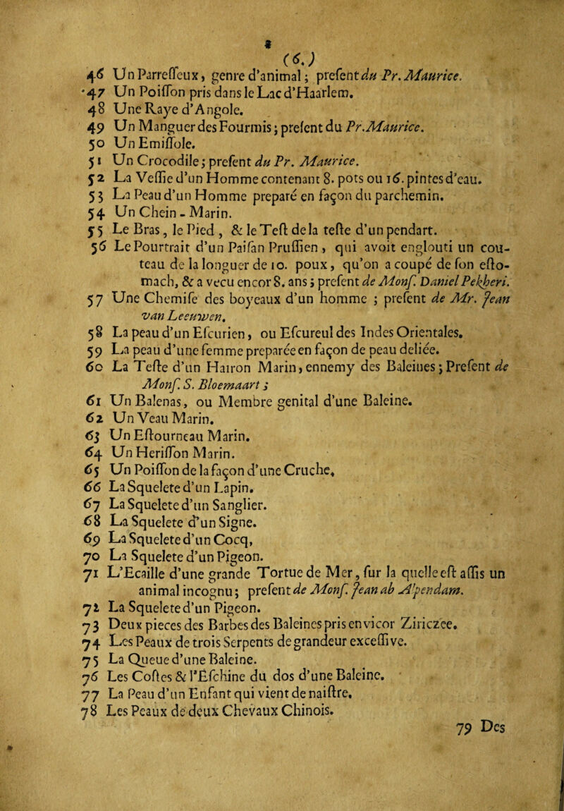 4« Un Parrefeux, genre d’animal ; prefentdu Fr. Maurice. *47 Un Poiflon pris dansleLacd’Haarlem. 48 Une Raye d’Angole. 49 Un Manguer des Fourmis ; prefent du Fr.Maurice. 50 UnEmiffoIe. 51 Un Crocodile ; prefent du Fr. Maurice. ÿ2 La Vefied’un Homme contenant 8. pots ou j6. pintesd’eau. 5 3 La Peau d’un Homme préparé en façon du parchemin. 54 Un Chein - Marin. 55 Le Bras, le Pied , & le Tefl delà teffe d’un pendart. 56 LePourtrait d’un Paifan Pruiïien > qui avoit englouti lin cou¬ teau de la longuer de 10. poux, qu’on a coupé de fon efo- mach, & a vécu encor 8. ans s prefent de Monf DanielPekheri. 57 Une Chemife des boyeaux d’un homme ; prefent de Mr. Jean van Leeuwen. 58 La peau d’un Efcurien, ou Efcureul des Indes Orientales. 59 La peau d’une femme préparée en façon de peau deliée. 60 La Telle d’un Hairon Marin, ennemy des Baleines ; Prefent de Monf. S. Bloemaart s 61 UnBaîenas, ou Membre génital d’une Baleine. 62 Un Veau Marin. 63 Un Eftourneau Marin. Un Heriffon Marin. 65 Un Poifïon de la façon d’une Cruche. 66 La Squelete d’un Lapin. 67 La Squelete d’un Sanglier. 68 La Squelete d’un Signe. 69 La Squelete d’un Cocq, 70 La Squelete d’un Pigeon. 71 L’Ecaille d’une grande Tortue de Mer, fur la quelle eft a fis un animal incognu; prefent^ Monf Jeanab u4!pend,am. La Squelete d’un Pigeon. 73 Deux pièces des Barbes des Baleines pris envicor Ziriczee. 74 Les Peaux de trois Serpents de grandeur excefi ve. 75 La Queue d’une Baleine. 76 Les Cof es & FEfchine du dos d’une Baleine. 77 La Peau d’un Enfant qui vient de naiftre, 78 Les Peaux de deux Chevaux Chinois. 79 Des *