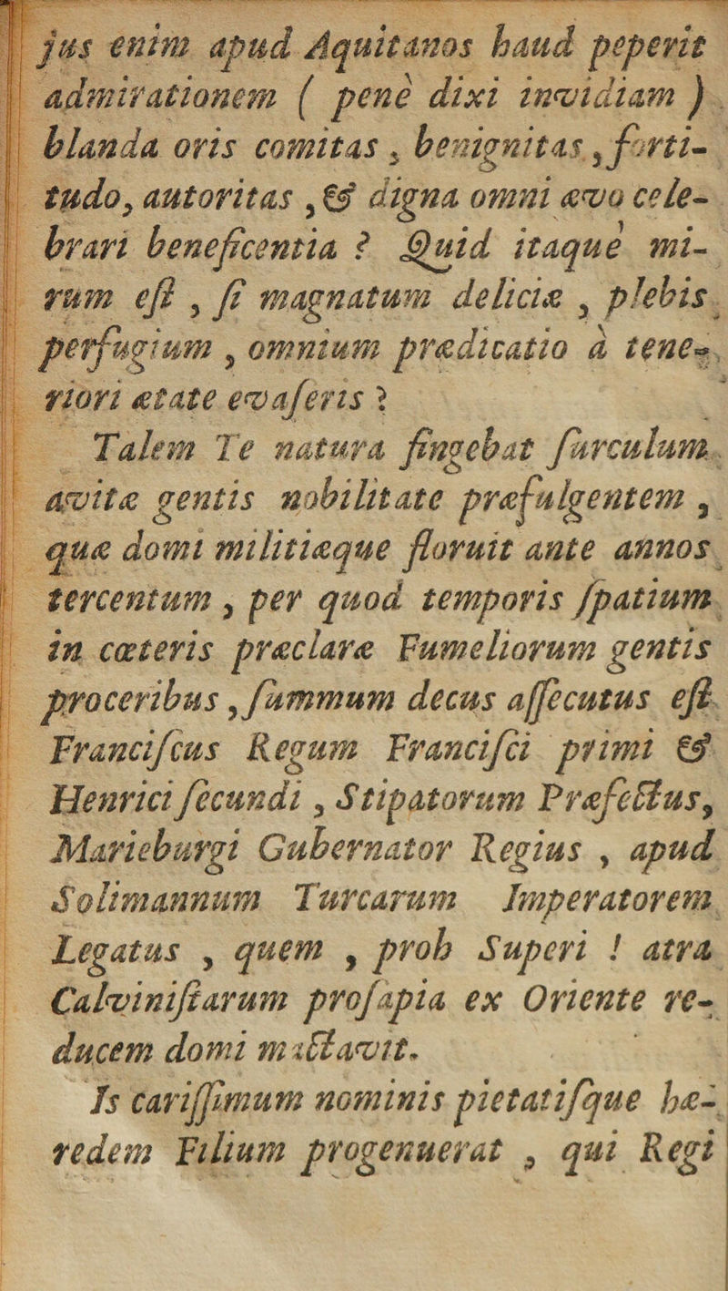 jus enim apud Aquitanos haud peperit admirationem ( pene dixi invidiam ) hianda oris comitas . benignitas, forti¬ tudo, autoritas , &amp; digna omni avo cele¬ brari beneficentia ? Quid itaque mi¬ rum efl , fi magnatum delicue , plebis perfugium , omnium praedicatio d tene- non aetate evajens J Talem Te natura fingebat fkrculum. avitae gentis nobilitate praefulgentem , quee domi militiaque floruit ante annos tercentum, per quod temporis /patium in arteris pr&amp;clane Fume Horum gentis proceribus, fhmmum decus affecutus efl Francifcus Regum Francifci primi £s? Henrici fecundi, Stipatorum Prafefitus, Marieburgi Gubernator Regius , apud Solimannum Turearum Imperatorem Legatus , quem , proh Superi ! atra Calviniftarum profapia ex Oriente re¬ ducem domi m tBavit¬ is cariffimum nominis pietatifque hae¬ redem Filium progenuerat , qui Regi