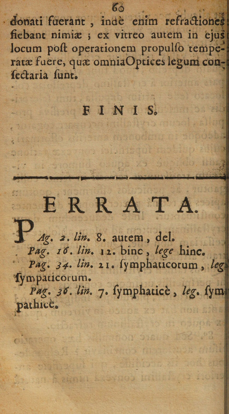 donati fuerant , inde enim refra&amp;ionei fiebant nimiae &gt; ex vitreo autem in ejus locum poft operationem propulfo tempe¬ ratae fuere, quae omniaOpcices legum con- fedaria fune» FINIS, P ERRATA. Ag. 2. lin. 8* autem, dei. , Pag. 16. lin. n. bine, lege hinc. Pag. 34. lin. n. lymphaticorum, leg fympaticorum. Pag. 36. lin. 7. fymphatice, leg. fym