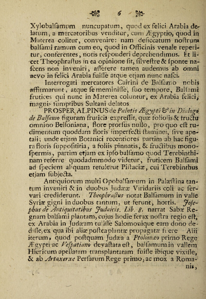 Xylobalfamum nuncupatum, quod ex felici Arabia de- latum, a mercatoribus venditur, cimi Atgyptio, quod in Mdterca colitur, convenire: nam deficcatum noflrur» balfami ramum cum eo, quod in Officinis venale reperi- tur, conterentes, notis rdponderi deprehendimus, Et li¬ neet Theophraftus in ea opinione lit, filveftre& f ponte na- icens non inveniri, a (Terere tamen audemus ab omni aevo in felici Arabia fuifle atque etjam nunc nafei. Interrogati mercatores Cairini de Balfamo nobis affirmarunt, atque fememinifle, fuo tempore, Balfami frutices qui nunc in Materea coluntur, ex Arabia felici> magnis fumpribus Sultani delatos. PROSPER ALPINUS de Palntis JEgypti of in 'Dialogi, de Balfamo figuram fruticis expreffit, quae fo!io!is& fru£tu omnino Belioniana, flore prorfus nullo, pro quo eft ru-* di mentum quoddam floris' i m per fefti fla mi ne i, five ape- tali; unde etjarn Botanici recentiores partim ab hac figu¬ ra floris fuppofitiria, a foliis pinnatis, & fructibus mono- fpermis, partim etjam ex ipfo balfamo quod Terebinthi¬ nam referre quodadmmodo videtur, fruticem Balfami ad fpeciem aliquam retulerut Pittacia?, cui Terebinthus etjam fubjeTa. Antiquiorum multi Opoba! farnum in Pateflina tan¬ tum inveniri & in duobus judeea: Viridariis ccli ac fer- vari crediderunt. Theophraftus notat Balfamum in valle Syri^ gigni induobus tantum, ut ferunt, hortis. JoJe- pbus de Antiquitatibus Judaicis. Lib. 8• narrat Saba: Re- gnam balfami plantam, cujus hodie ferax noftra regio eft, ex Arabia in Juda?am tulifle Salomonique eam dono de* drfie,ex qua ibi alise pofteaplanta? propagata? fuere - Alii iterum > quod poftquam Judaa a Ptolomeeo prirno Rege ffigypti ac Tefp at i ano devaftata eft, balfamum in vallem Hiericum apeilatnm transplantatam fuifle ibique vixille, & ab Artaxerxe Perfarum Rege primo, ac mox a Roma-